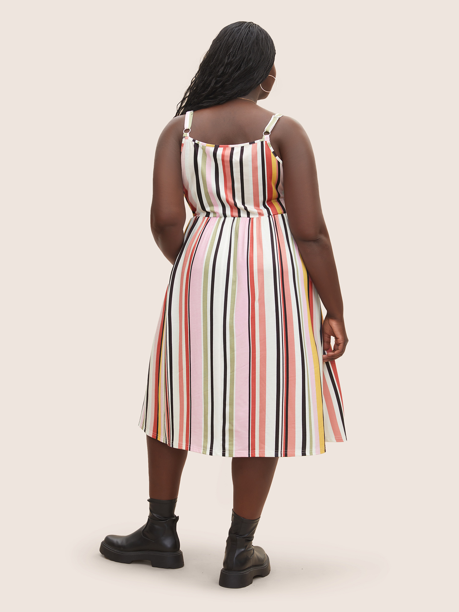 Plus Size Color Striped Pocket Adjustable Straps Midi Dress Multicolor Women Casual Non Non Sleeveless Curvy Midi Dress BloomChic 28/5X 