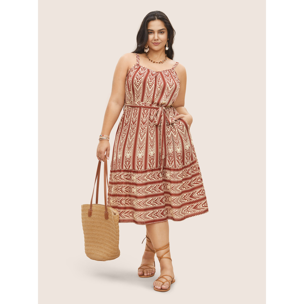 

Plus Size Bandana Striped Plicated Detail Belted Cami Dress Maroon Women Belted Curvy Midi Dress BloomChic