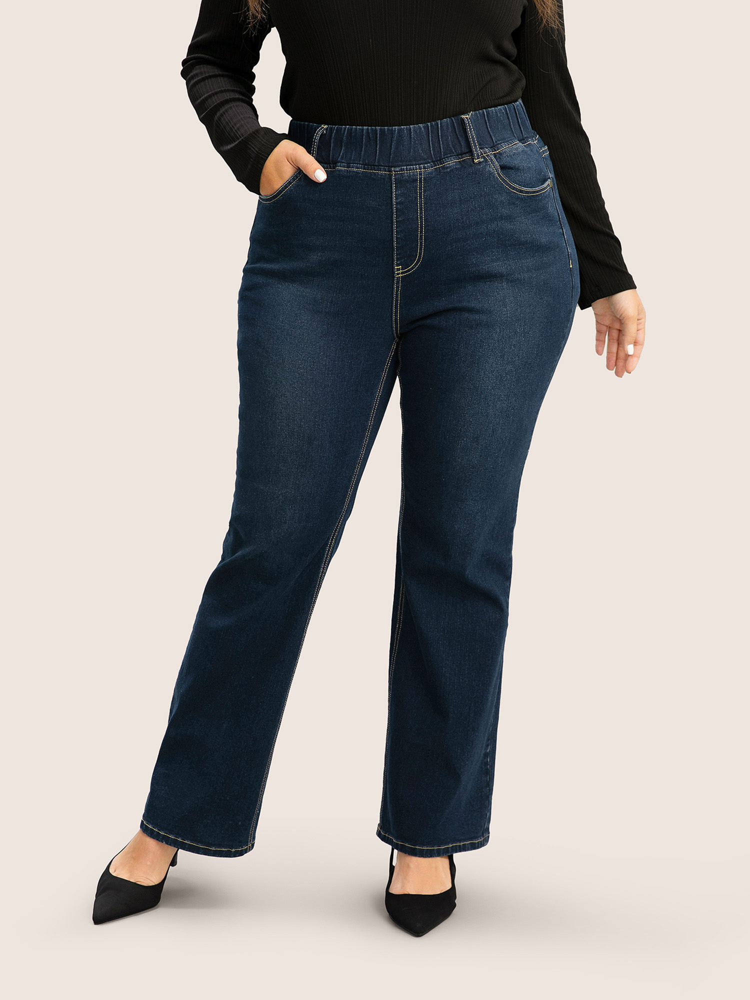 

Plus Size Solid Elastic Waist Pocket Full Length Jeans Women Indigo Casual Plain Plain High stretch Pocket Jeans BloomChic