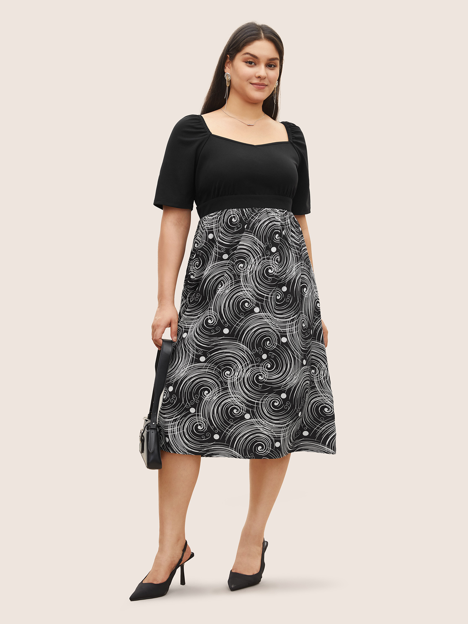 

Plus Size Figurative Print Patchwork Pleated Square Neck Dress Black Women At the Office Gathered Square Neck Short sleeve Curvy Midi Dress BloomChic