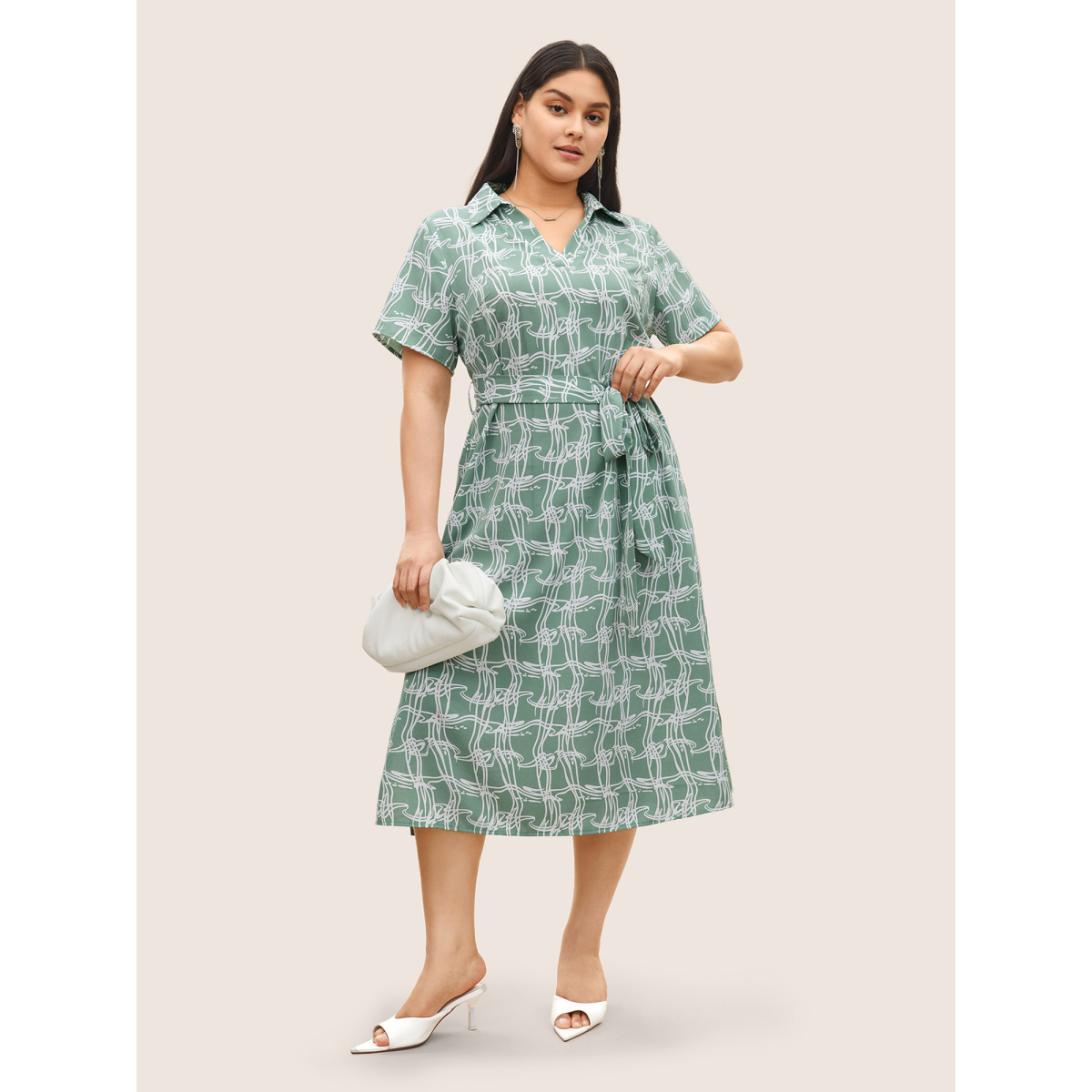 

Plus Size Abstract Print Belted Polo Collar Dress Mint Women Belted Curvy Midi Dress BloomChic