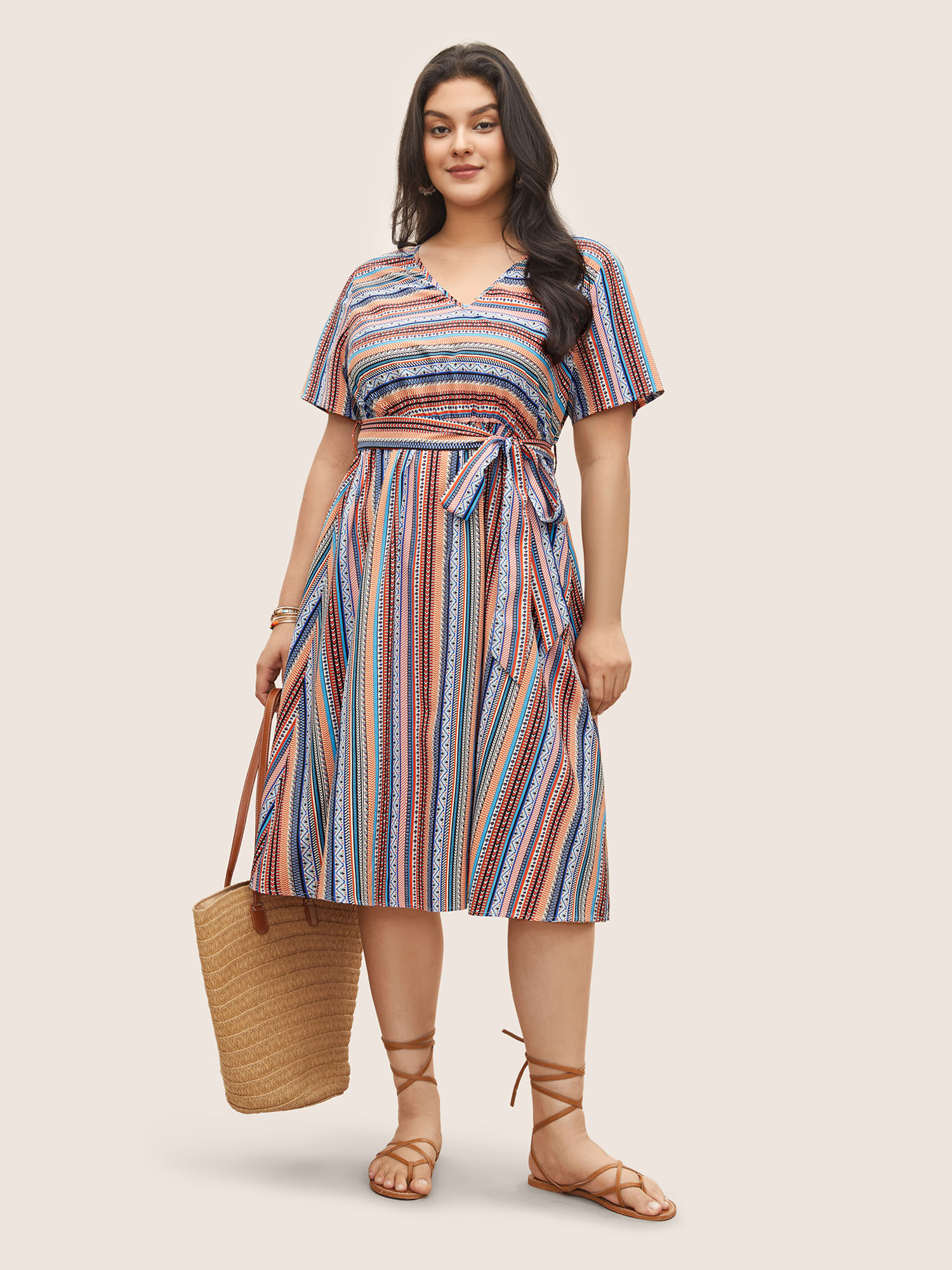 

Plus Size Bandana Striped Belted Pocket Dress Orange Women Resort Non V-neck Short sleeve Curvy Midi Dress BloomChic