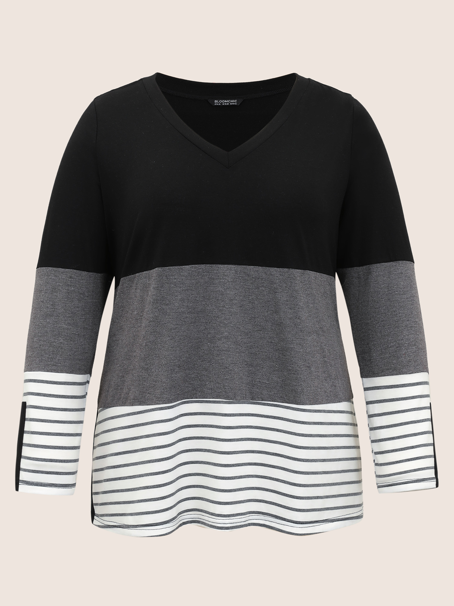 Plus Size Colorblock Contrast Striped V Neck T-shirt Black Women Casual Contrast Striped V-neck Everyday T-shirts BloomChic 18-20/2X 