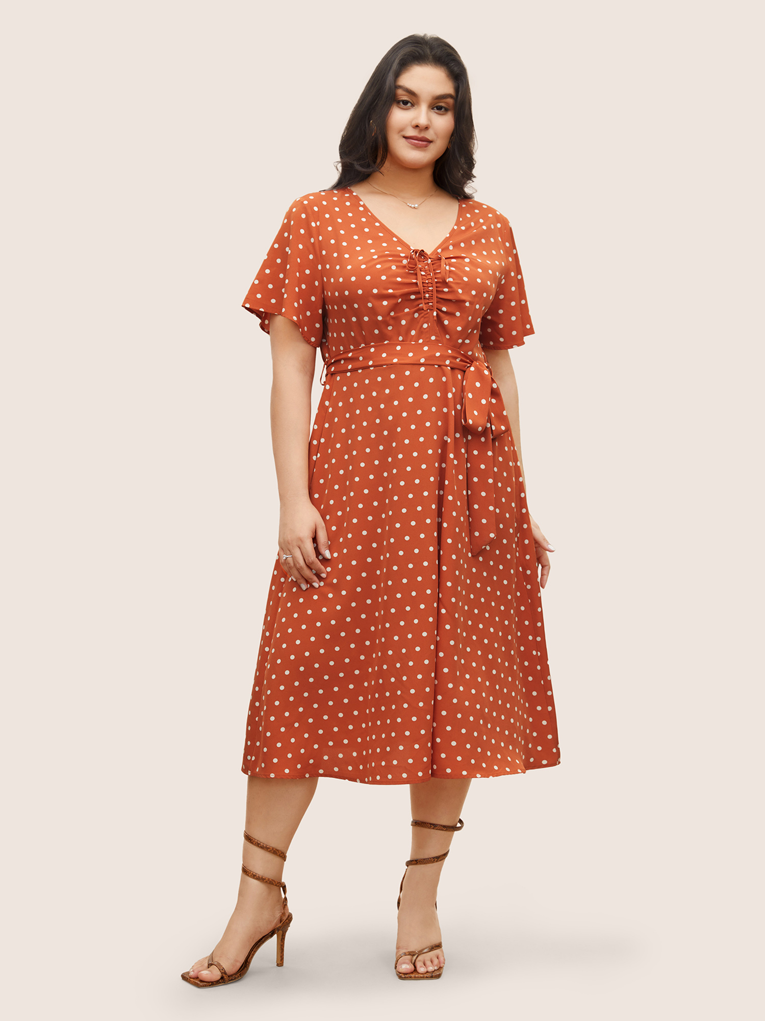 

Plus Size Polka Dot Drawstring Belted Ruffle Sleeve Dress OrangeRed Women Elegant Non V-neck Short sleeve Curvy Midi Dress BloomChic