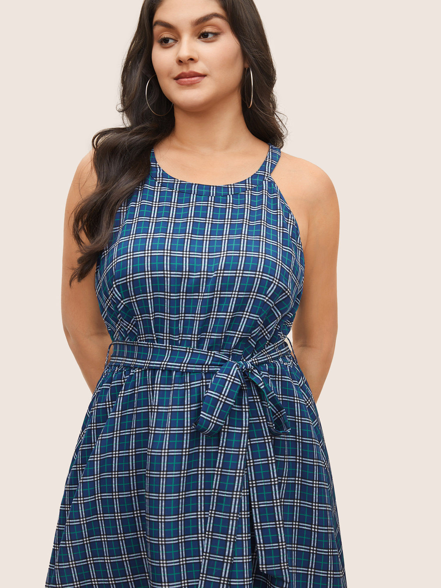 

Plus Size Plaid Pocket Belted Halter Midi Dress DarkBlue Women Casual Non Halter neck Sleeveless Curvy Midi Dress BloomChic