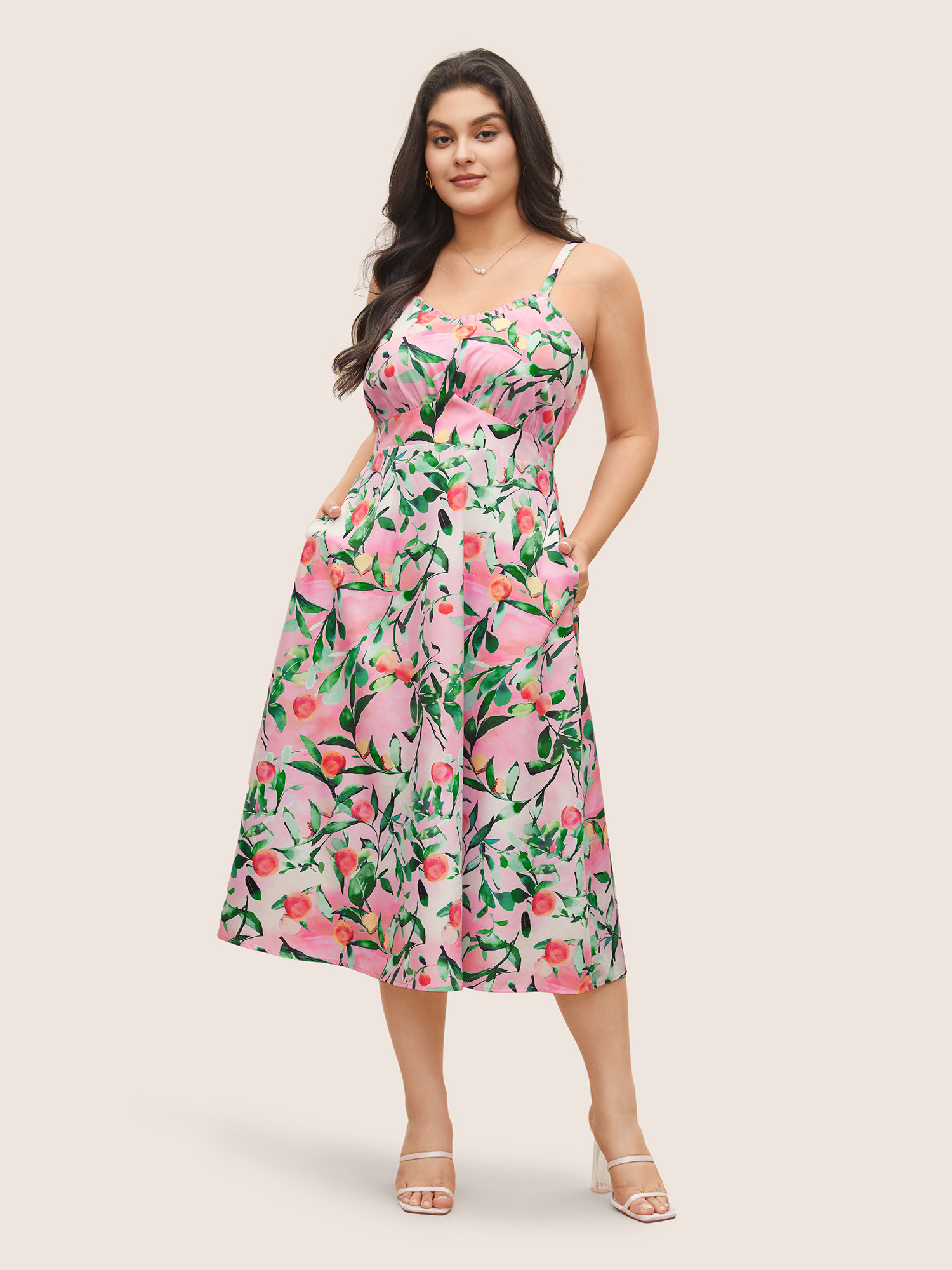 

Plus Size Citrus Fruit Print Frill Trim Pocket Cami Dress Pink Women Non V-neck Curvy Midi Dress BloomChic