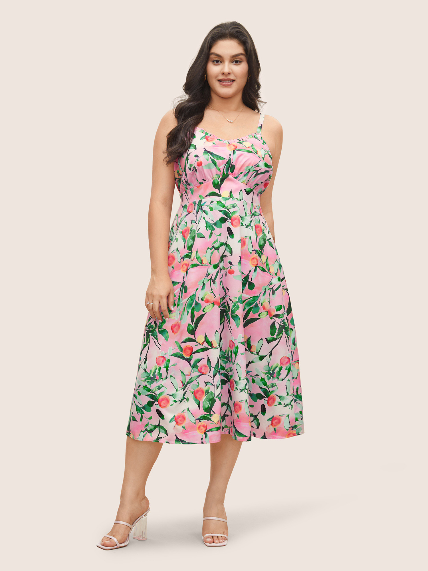 Plus Size Citrus Fruit Print Frill Trim Pocket Cami Dress Pink Women Non V-neck Curvy Midi Dress BloomChic 22-24/3X 