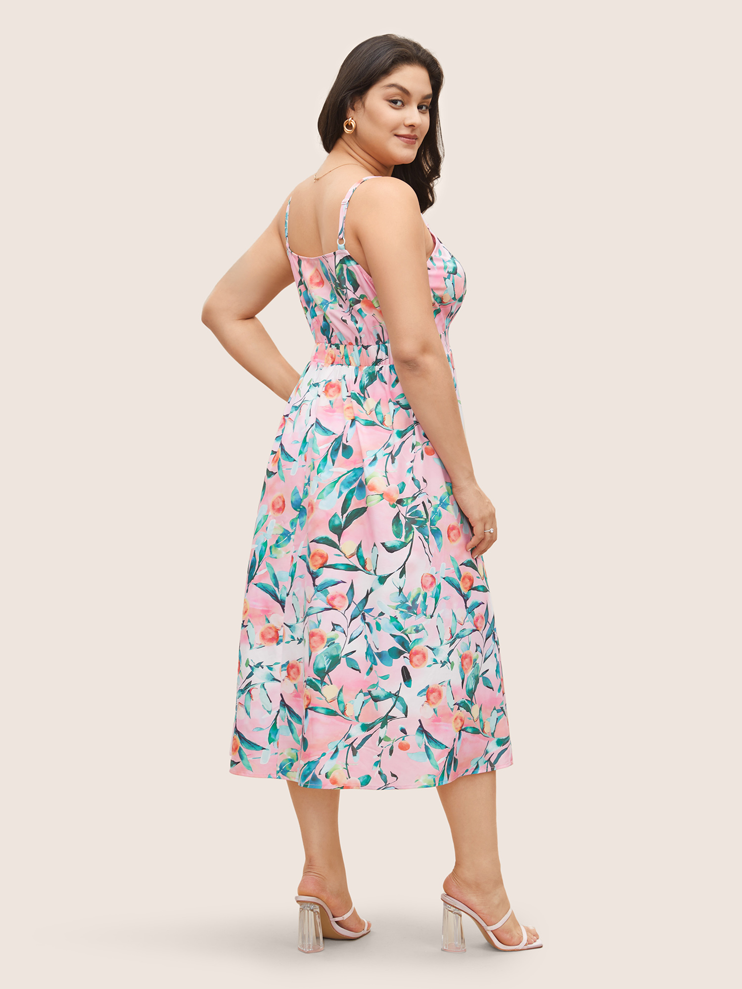 Plus Size Citrus Fruit Print Frill Trim Pocket Cami Dress Pink Women Non V-neck Curvy Midi Dress BloomChic 22-24/3X 