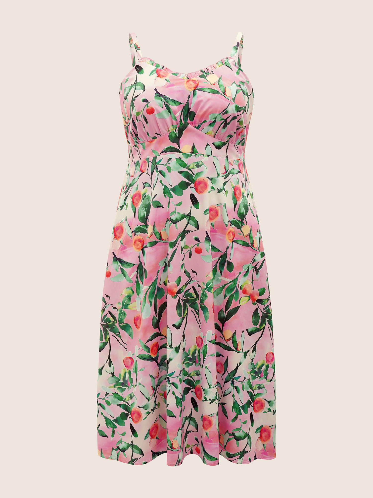 Plus Size Citrus Fruit Print Frill Trim Pocket Cami Dress Pink Women Non V-neck Curvy Midi Dress BloomChic 22-24/3X 