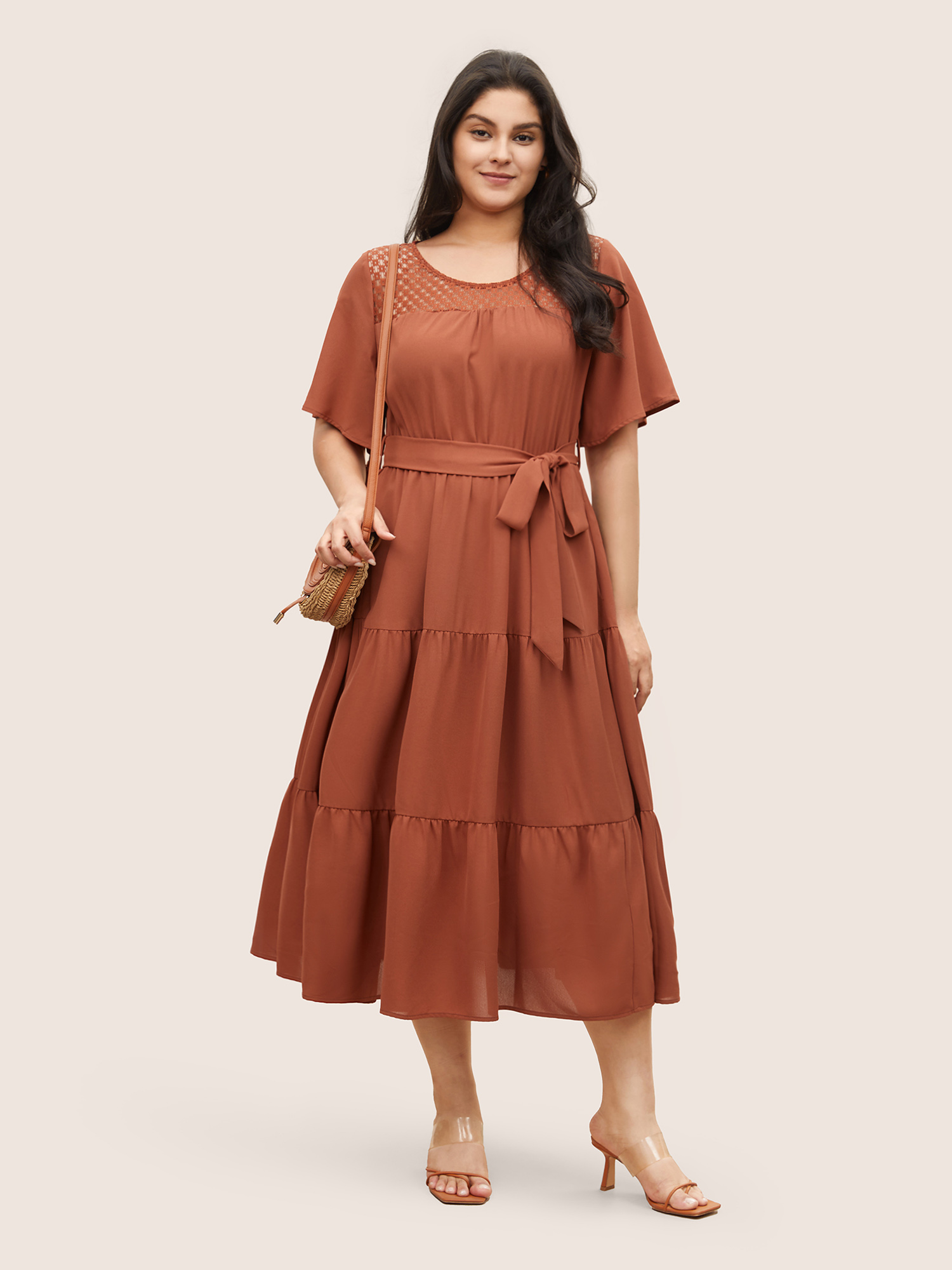

Plus Size Hollow Out Belted Gathered Patchwork Hem Dress Rust Women Non Curvy Midi Dress BloomChic