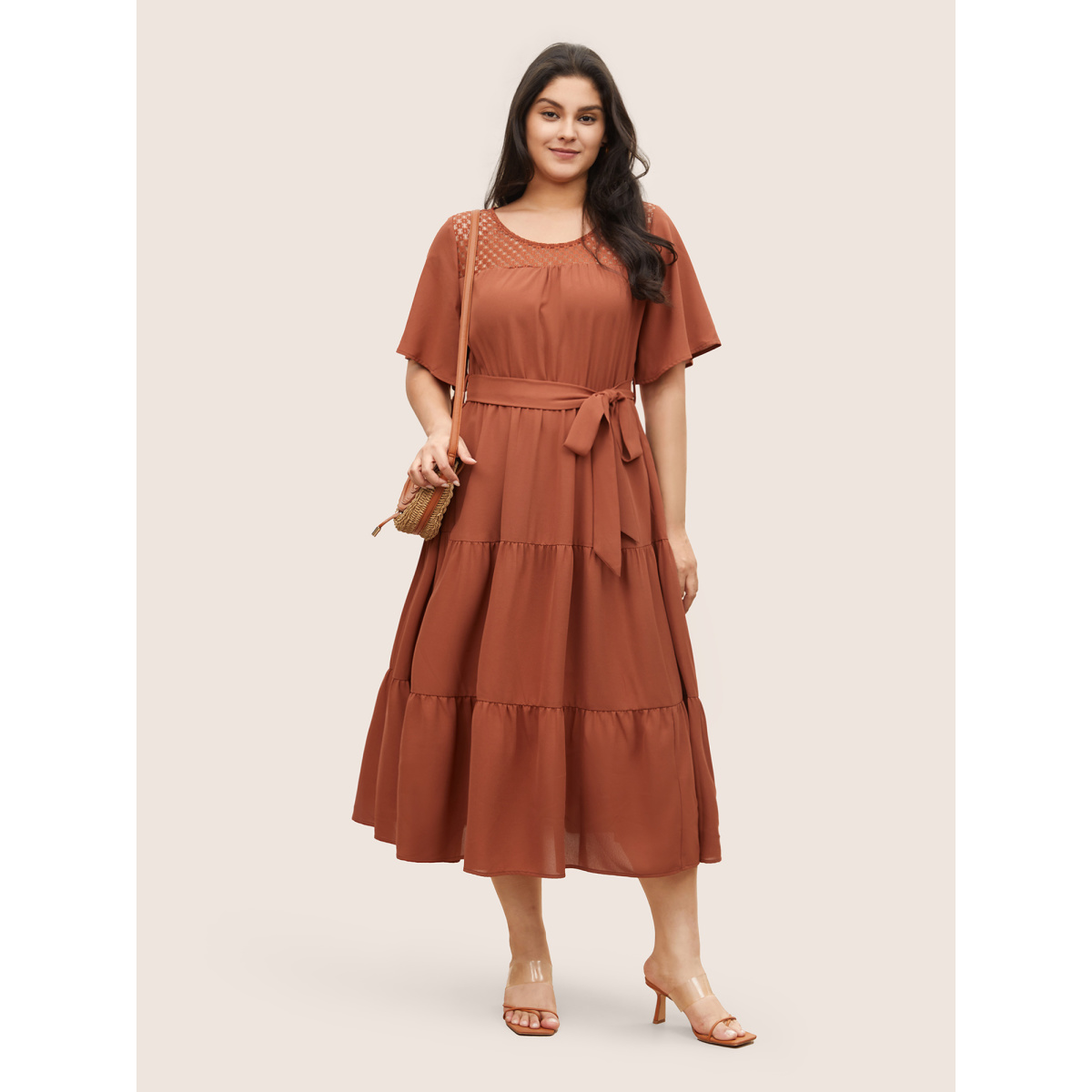 

Plus Size Hollow Out Belted Gathered Patchwork Hem Dress Rust Women Non Curvy Midi Dress BloomChic