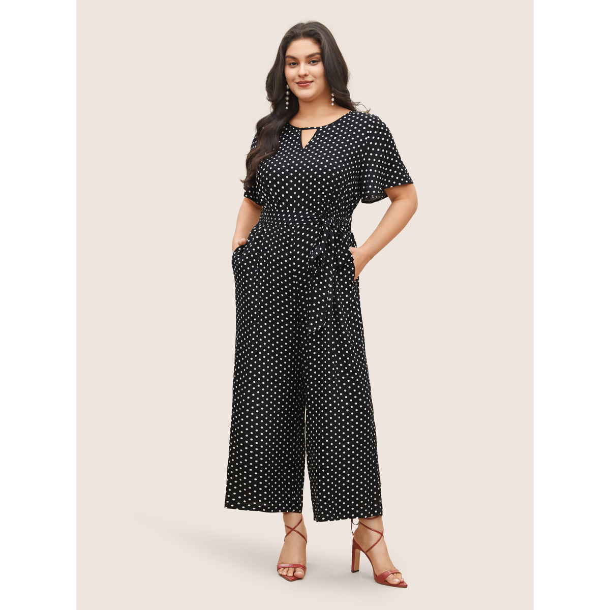 

Plus Size Black Polka Dot Cut Out Zipper Belted Jumpsuit Women Elegant Short sleeve Notched collar Everyday Loose Jumpsuits BloomChic