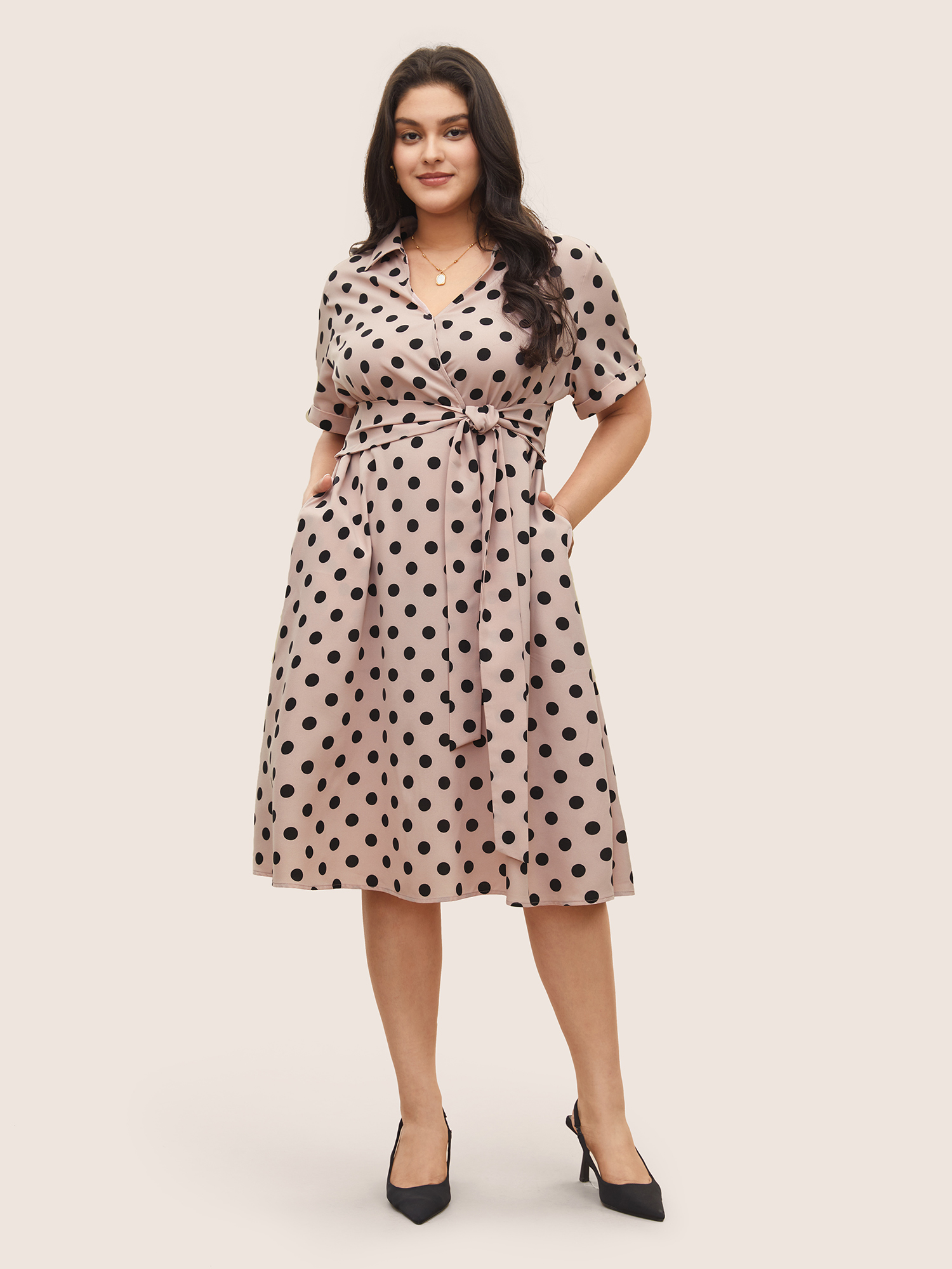 Plus Size Polka Dot Elastic Waist Ties Pocket Dress Pink Women At the Office Non Lapel Collar Short sleeve Curvy Midi Dress BloomChic 12/L 