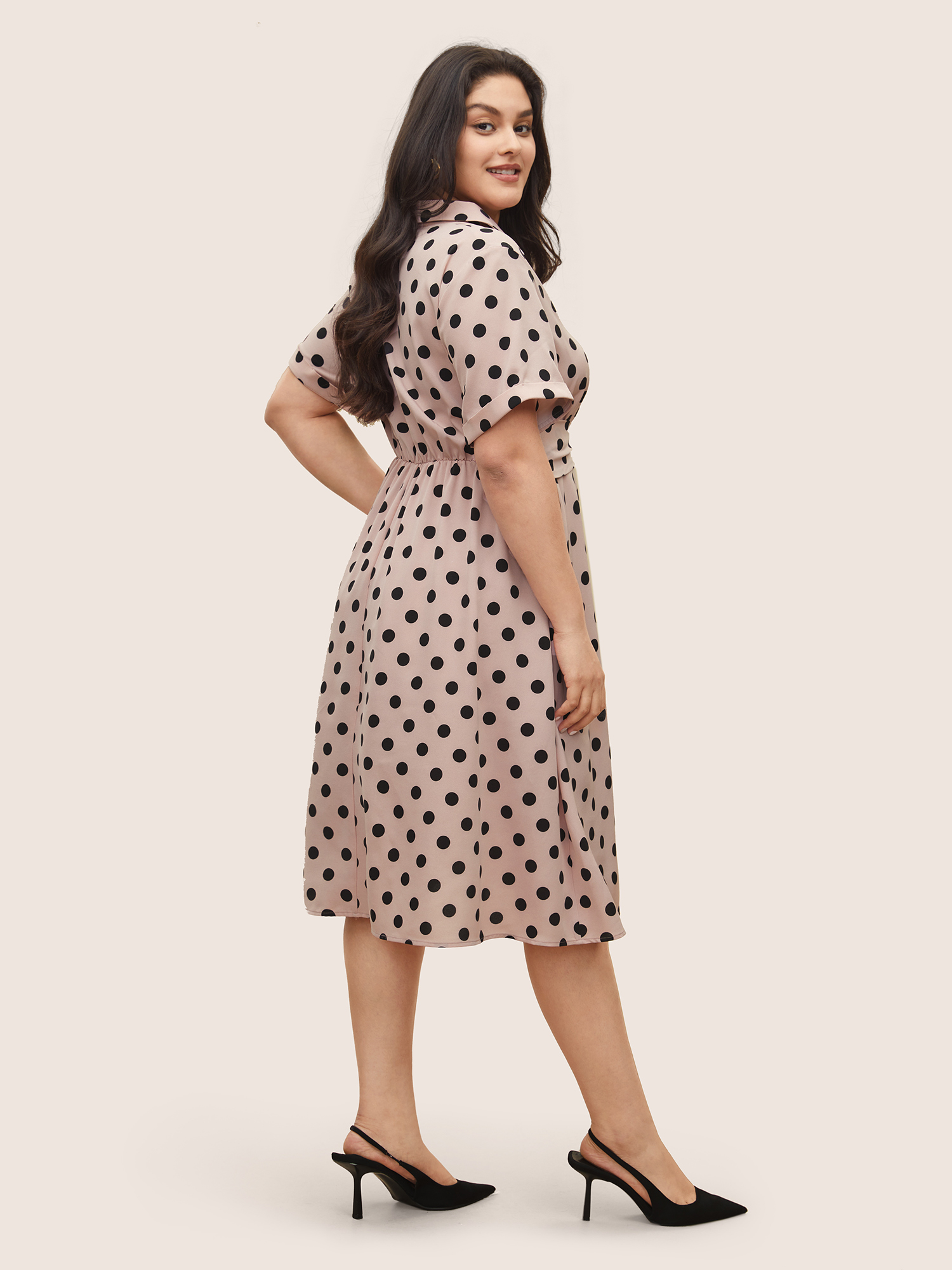 

Plus Size Polka Dot Elastic Waist Ties Pocket Dress Pink Women At the Office Non Lapel Collar Short sleeve Curvy Midi Dress BloomChic