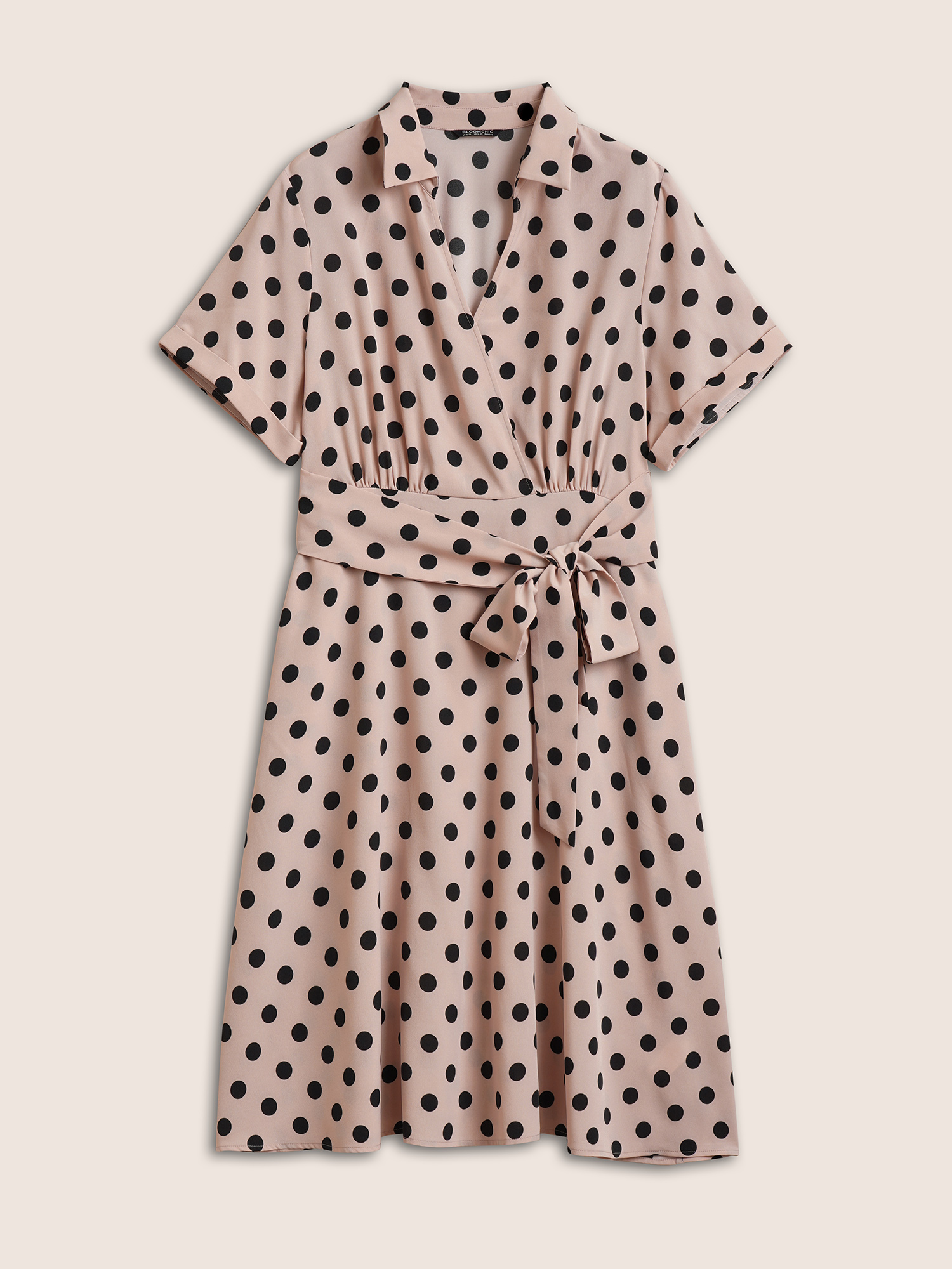 Plus Size Polka Dot Elastic Waist Ties Pocket Dress Pink Women At the Office Non Lapel Collar Short sleeve Curvy Midi Dress BloomChic 12/L 