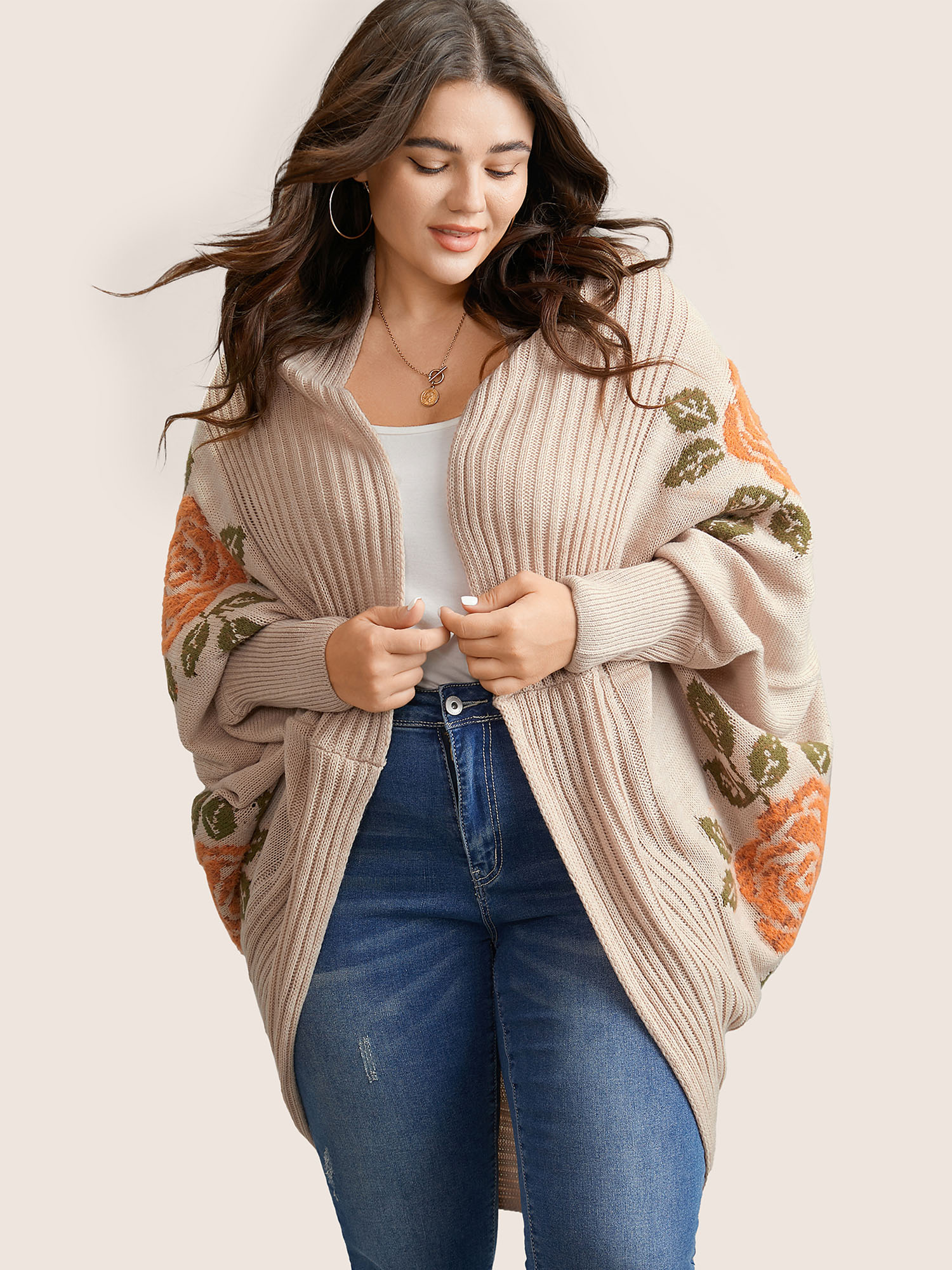 

Plus Size Floral Jacquard Batwing Sleeve Open Front Cardigan Apricot Women Elegant Long Sleeve Everyday Cardigans BloomChic