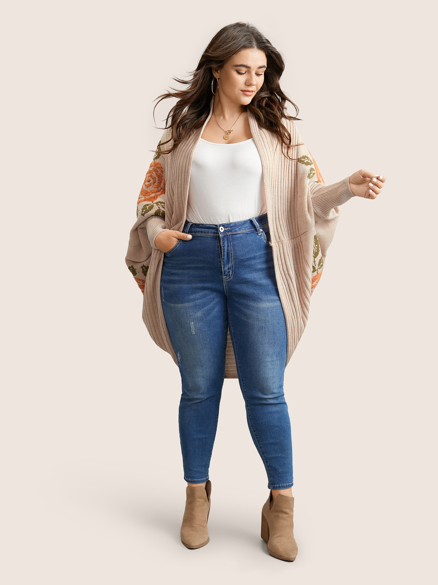 Plus Size Floral Jacquard Batwing Sleeve Open Front Cardigan Apricot Women Elegant Long Sleeve Everyday Cardigans BloomChic 12/L 