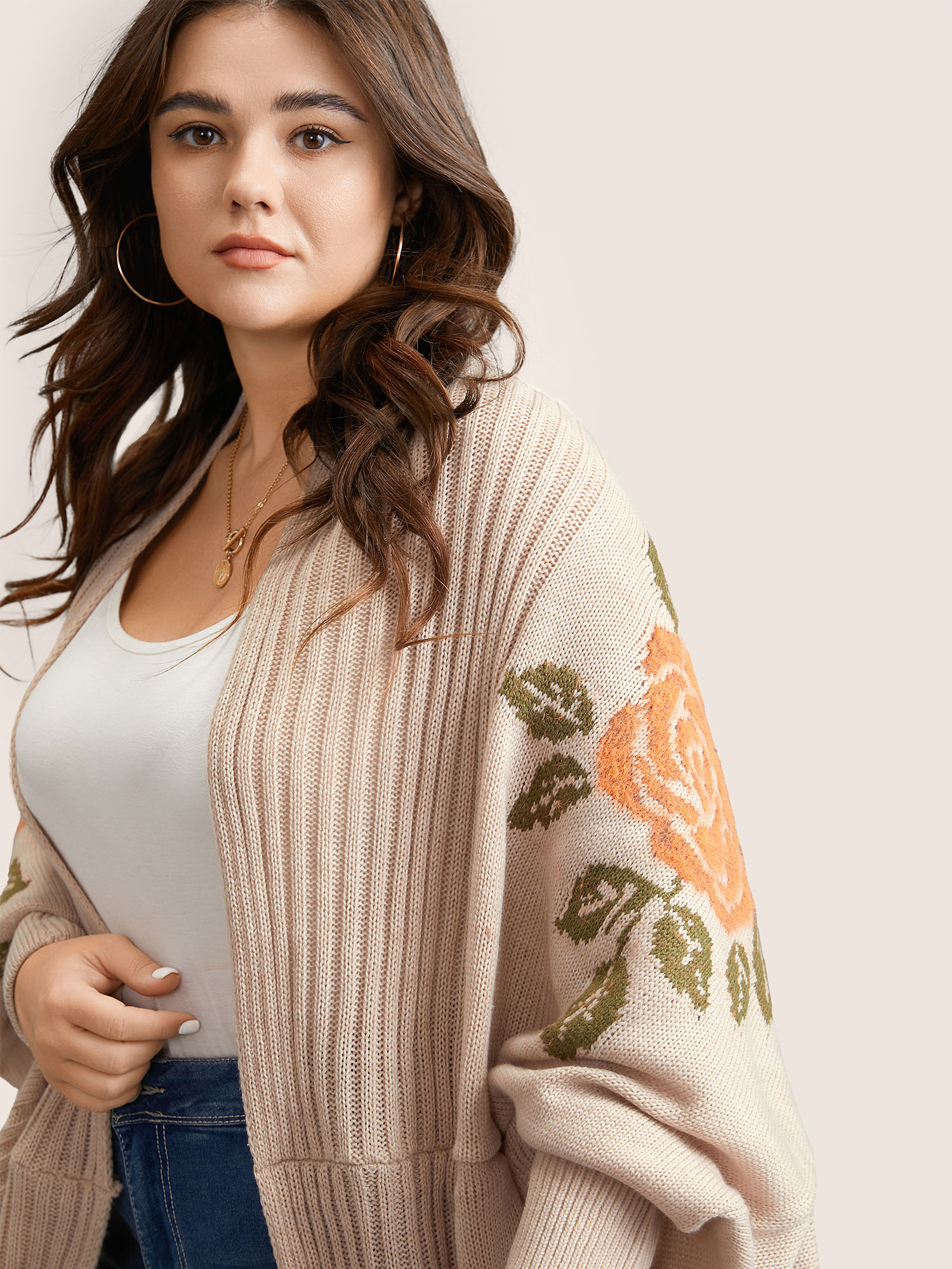 Plus Size Floral Jacquard Batwing Sleeve Open Front Cardigan Apricot Women Elegant Long Sleeve Everyday Cardigans BloomChic 12/L 