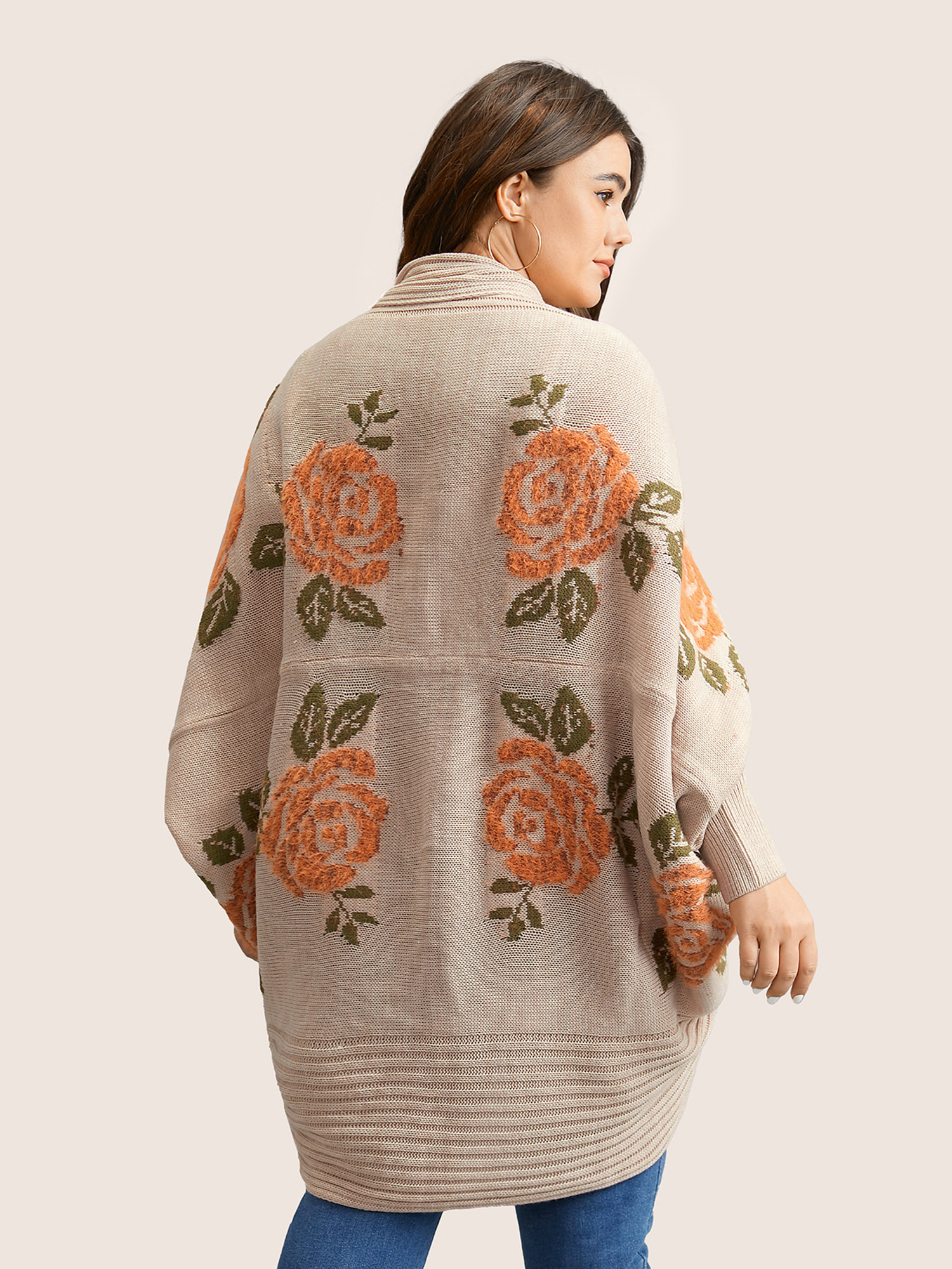 Plus Size Floral Jacquard Batwing Sleeve Open Front Cardigan Apricot Women Elegant Long Sleeve Everyday Cardigans BloomChic 12/L 