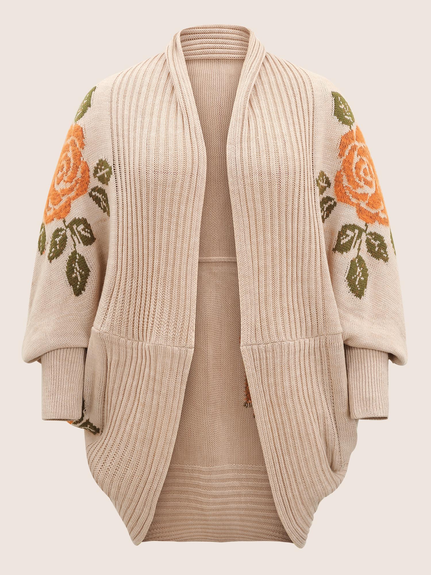 Plus Size Floral Jacquard Batwing Sleeve Open Front Cardigan Apricot Women Elegant Long Sleeve Everyday Cardigans BloomChic 12/L 