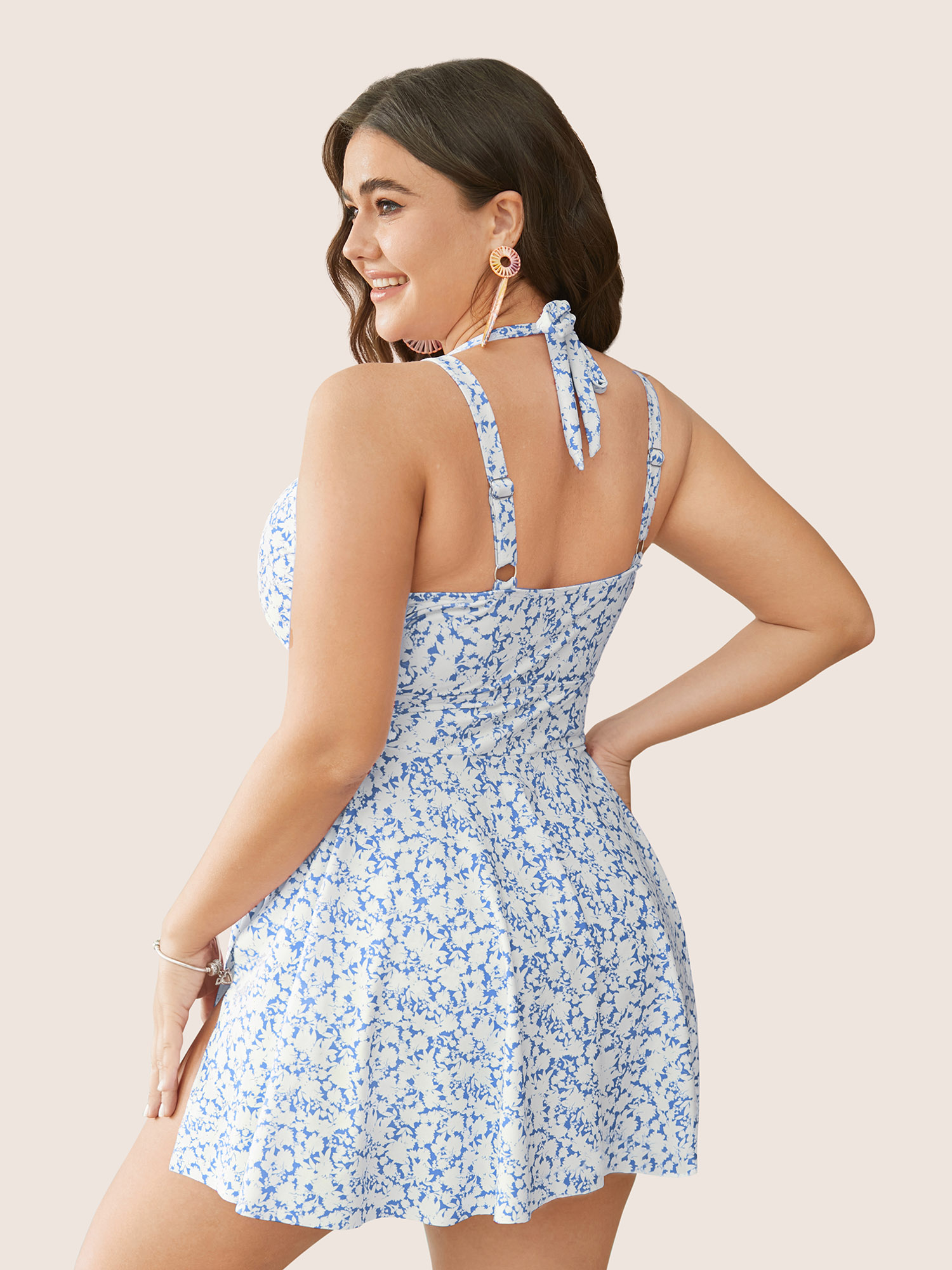 

Plus Size Ditsy Floral Halter Neck Split Hem Swim Dress Women's Swimwear LightBlue Beach Bodycon V-neck High stretch Curve Swim Dresses BloomChic