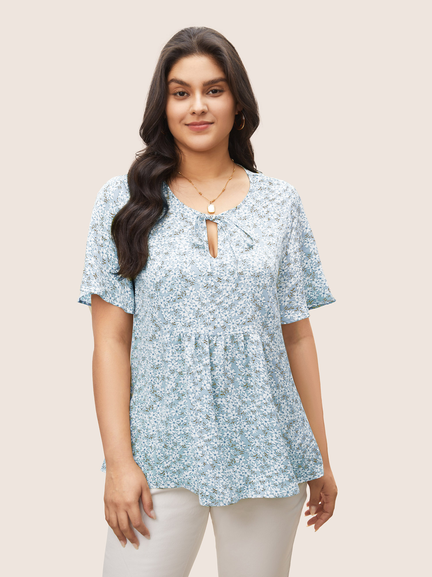 

Plus Size LightBlue Ditsy Floral Ruffle Sleeve Gathered Ties Blouse Women Elegant Short sleeve Ribbon-tied collar Everyday Blouses BloomChic