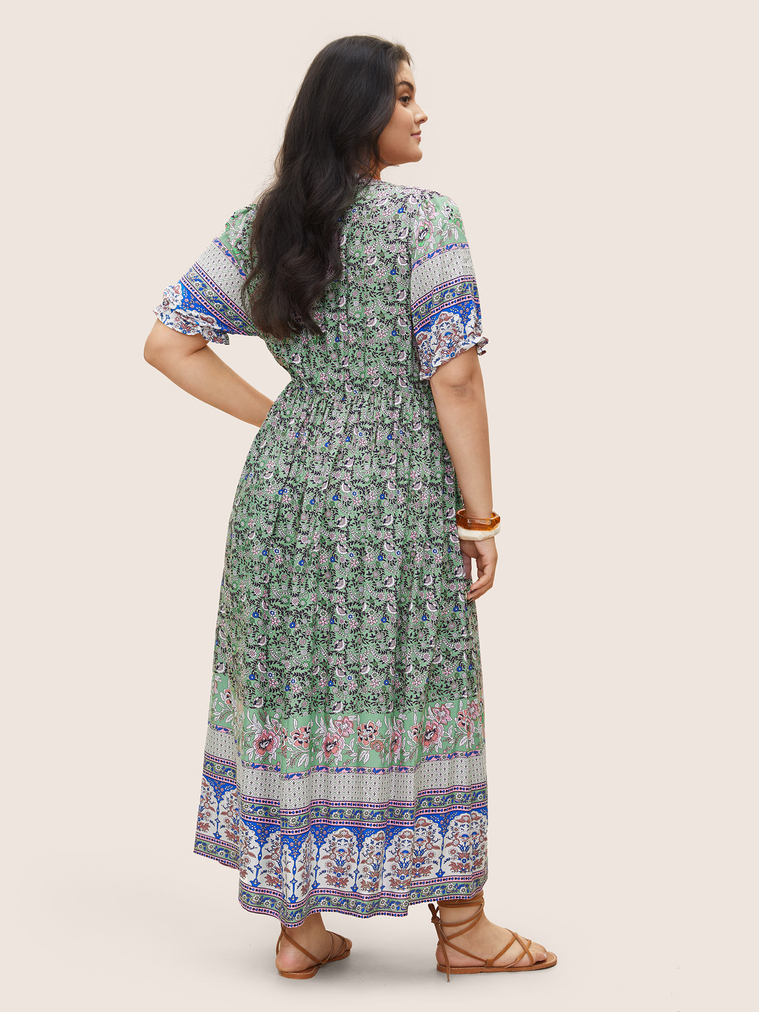 Plus Size Boho Print Notched Ties Tassel Trim Dress Mint Women Non Notched collar Short sleeve Curvy BloomChic 28/5X 
