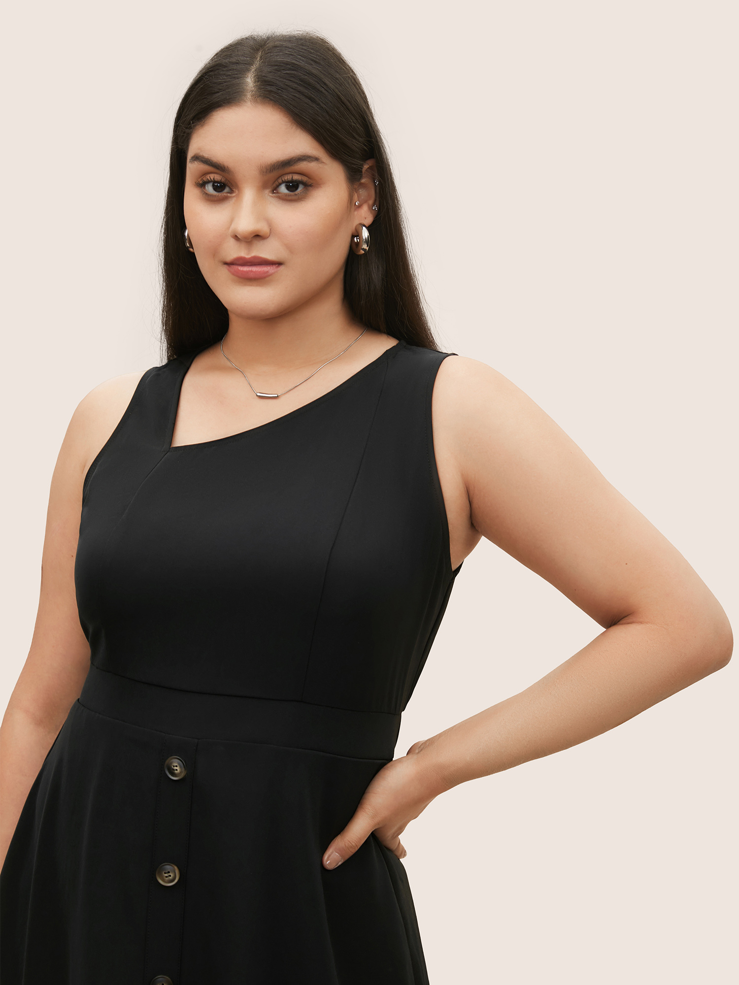 

Plus Size Asymmetrical Neck Button Detail Midi Dress Black Women At the Office Non Asymmetrical Neck Sleeveless Curvy Midi Dress BloomChic