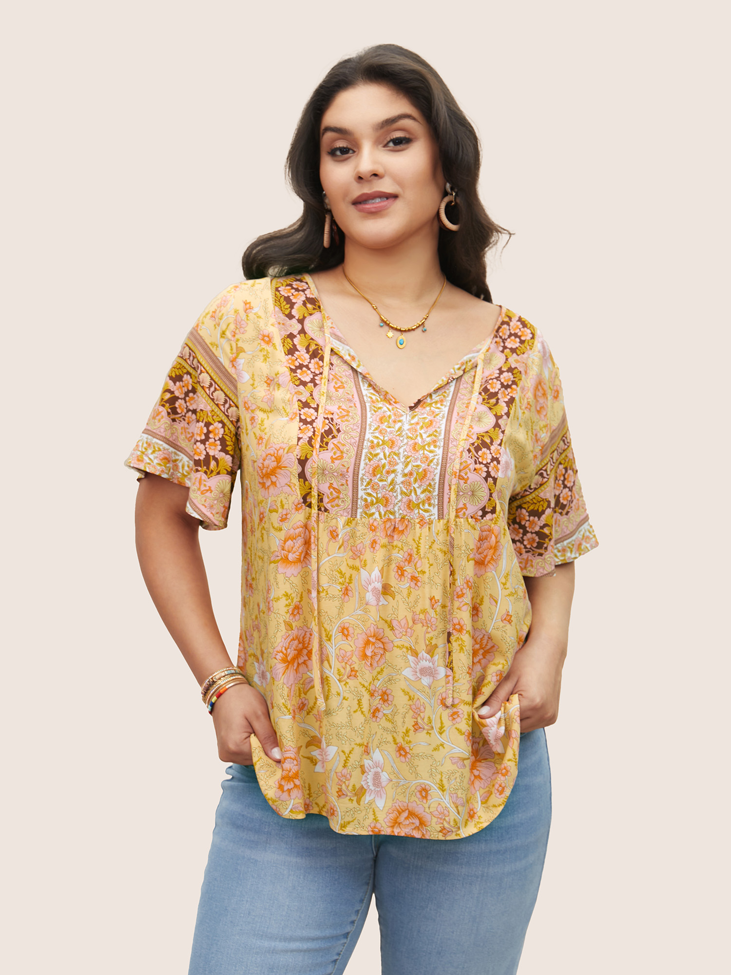 

Plus Size Yellow Boho Print Tie Neck Gathered Blouse Women Resort Half Sleeve Notched collar Vacation Blouses BloomChic