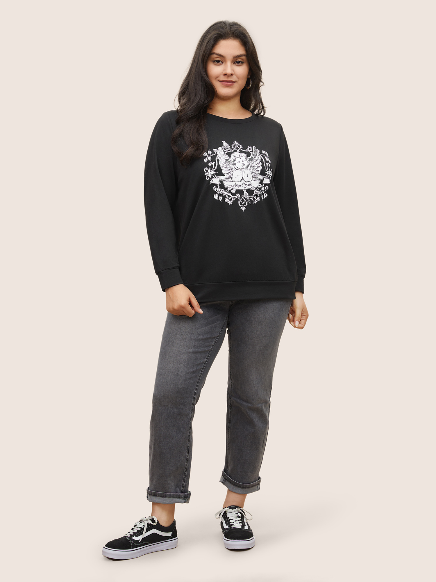 Plus Size Art & Design Graphic Crew Neck Sweatshirt Women Black Casual Non Round Neck Everyday Sweatshirts BloomChic 22-24/3X 
