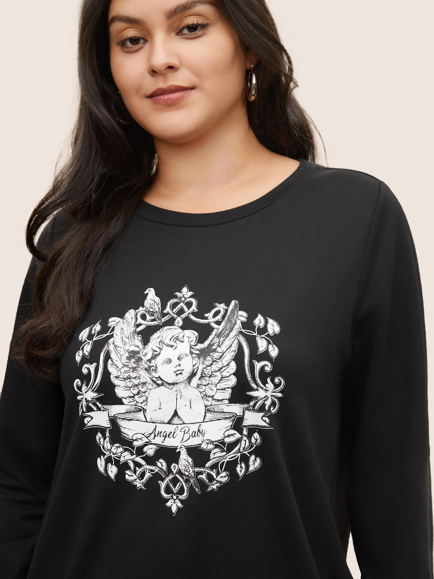 Plus Size Art & Design Graphic Crew Neck Sweatshirt Women Black Casual Non Round Neck Everyday Sweatshirts BloomChic 22-24/3X 