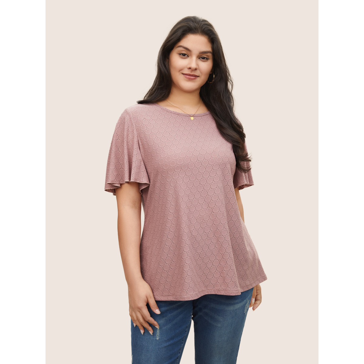

Plus Size Plain Textured Geometric Flutter Sleeve T-shirt Rouge Women Elegant Texture Plain Round Neck Everyday T-shirts BloomChic