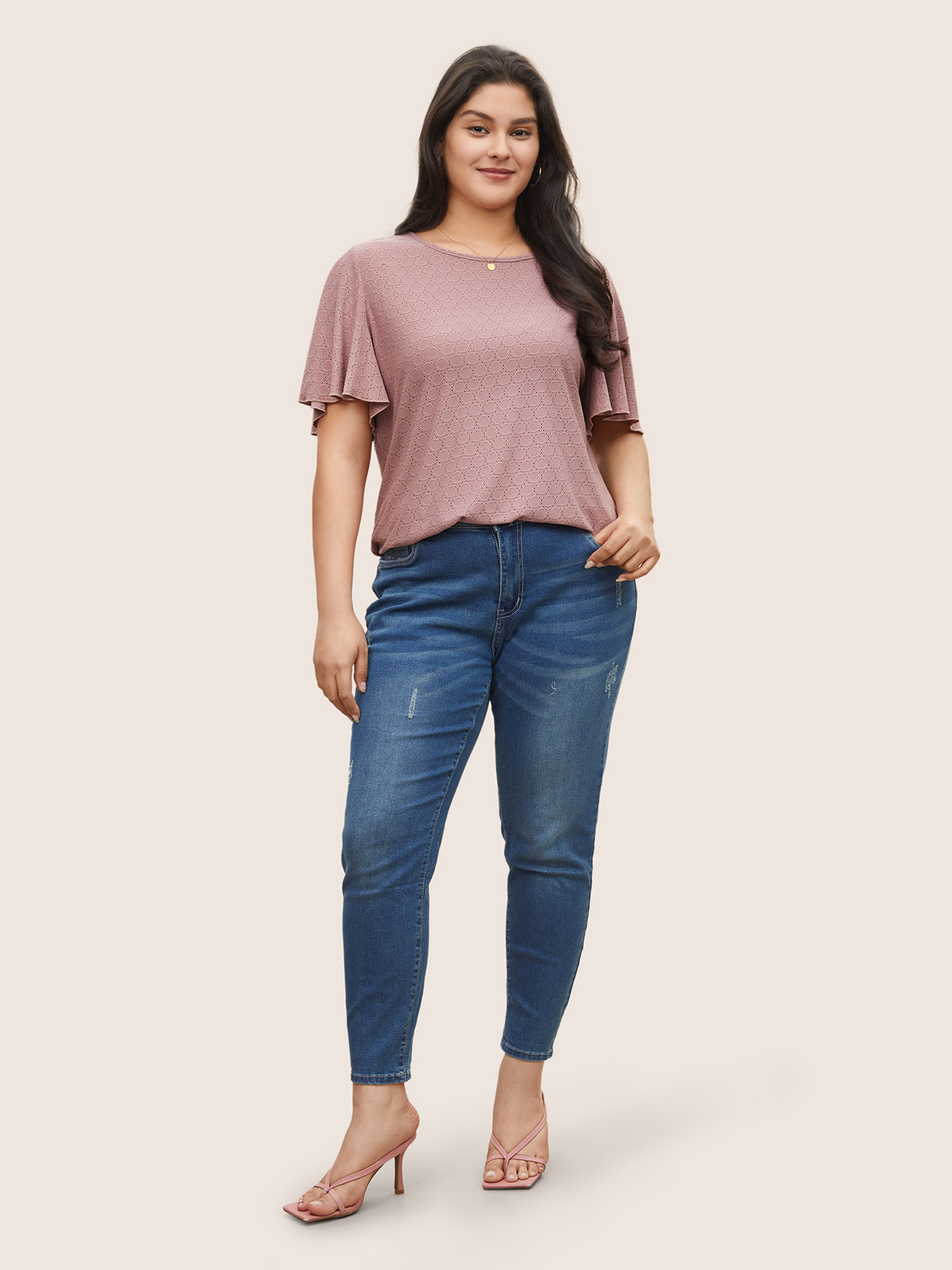 Plus Size Plain Textured Geometric Flutter Sleeve T-shirt Rouge Women Elegant Texture Plain Round Neck Everyday T-shirts BloomChic 22-24/3X 