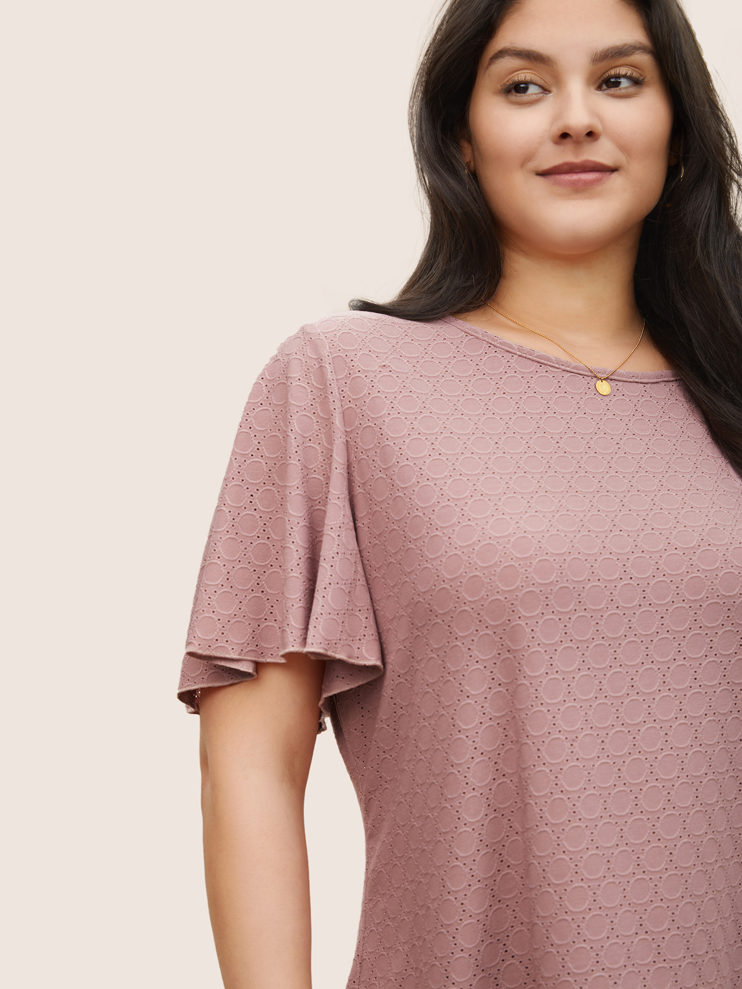 Plus Size Plain Textured Geometric Flutter Sleeve T-shirt Rouge Women Elegant Texture Plain Round Neck Everyday T-shirts BloomChic 22-24/3X 