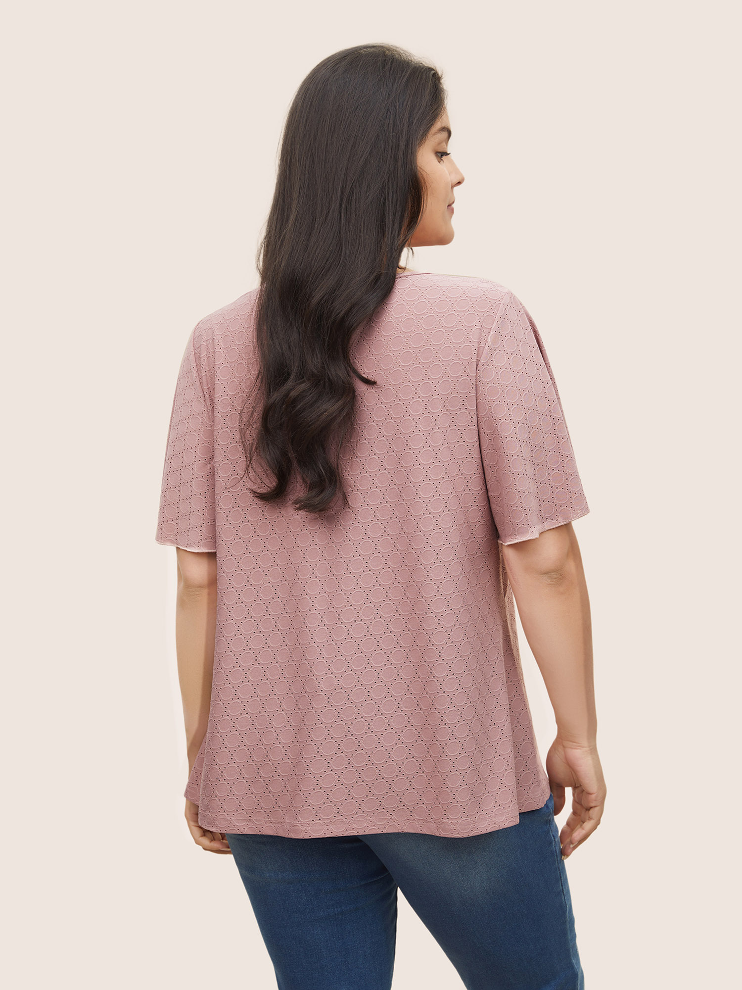 Plus Size Plain Textured Geometric Flutter Sleeve T-shirt Rouge Women Elegant Texture Plain Round Neck Everyday T-shirts BloomChic 22-24/3X 