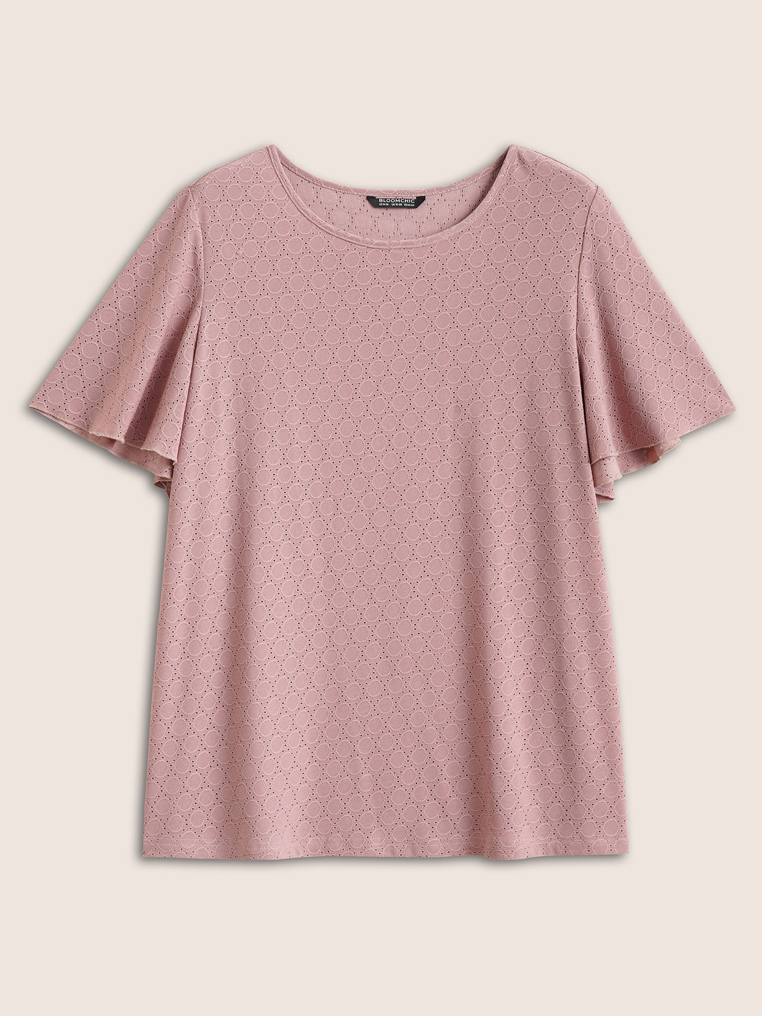 Plus Size Plain Textured Geometric Flutter Sleeve T-shirt Rouge Women Elegant Texture Plain Round Neck Everyday T-shirts BloomChic 22-24/3X 