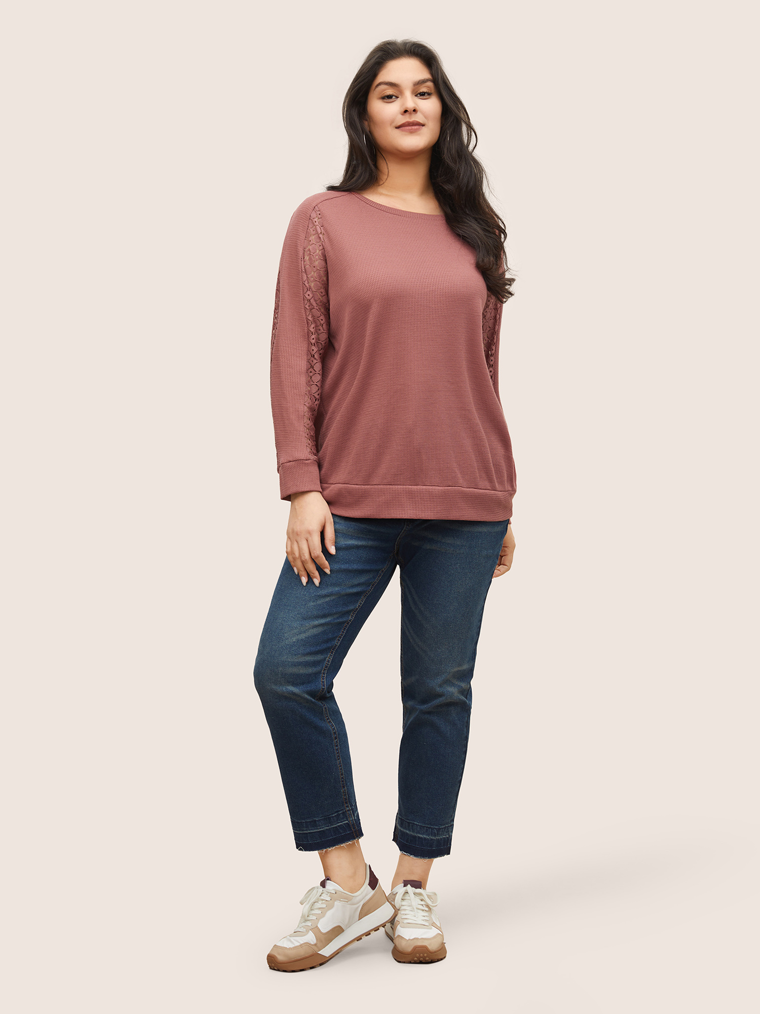 Plus Size Solid Waffle Knit Lace Panel Sweatshirt Women Rouge Casual Texture Round Neck Everyday Sweatshirts BloomChic 22-24/3X 