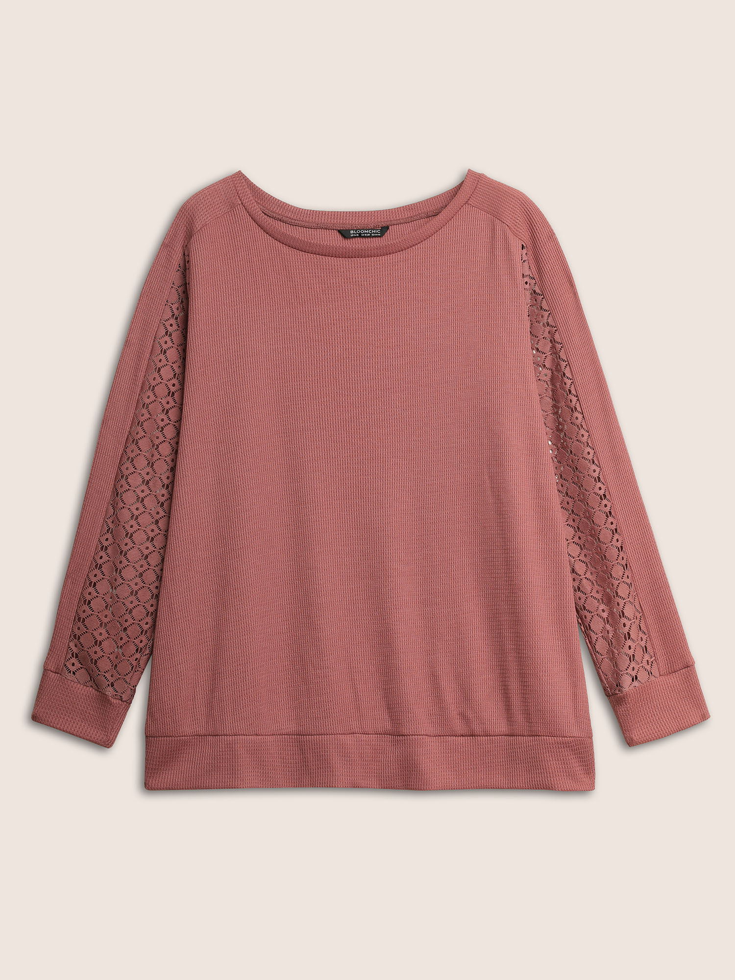 Plus Size Solid Waffle Knit Lace Panel Sweatshirt Women Rouge Casual Texture Round Neck Everyday Sweatshirts BloomChic 22-24/3X 