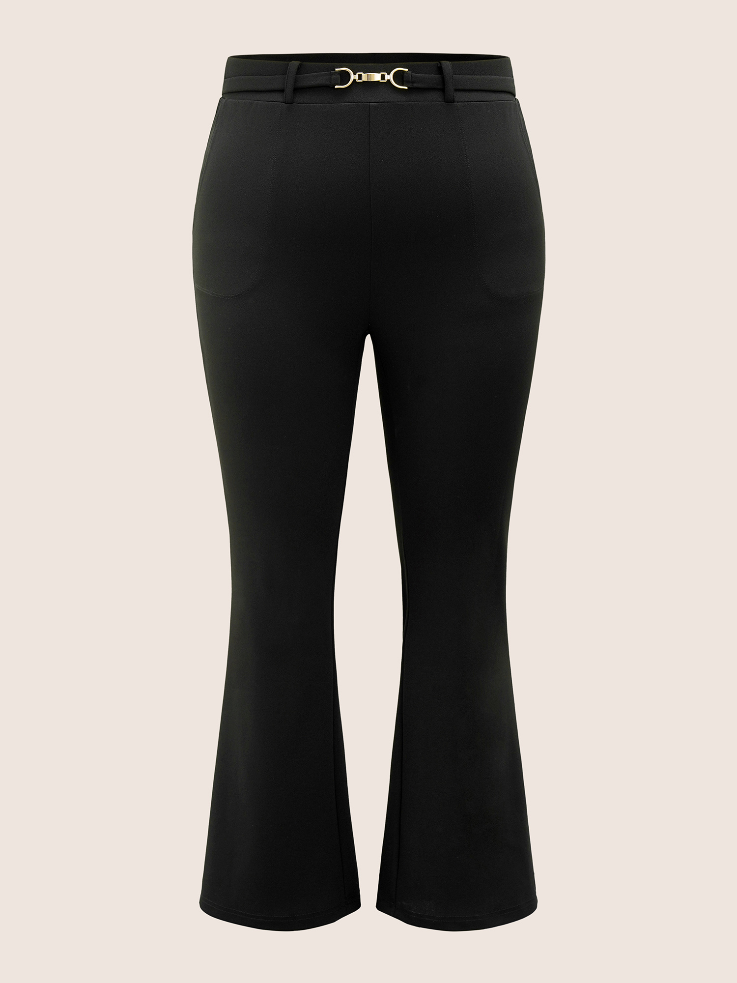 Plus Size Flare Leg Pocket Metal Buckle Detail Pants Women Black At the Office Flare Leg High Rise Work Pants BloomChic 10/M 