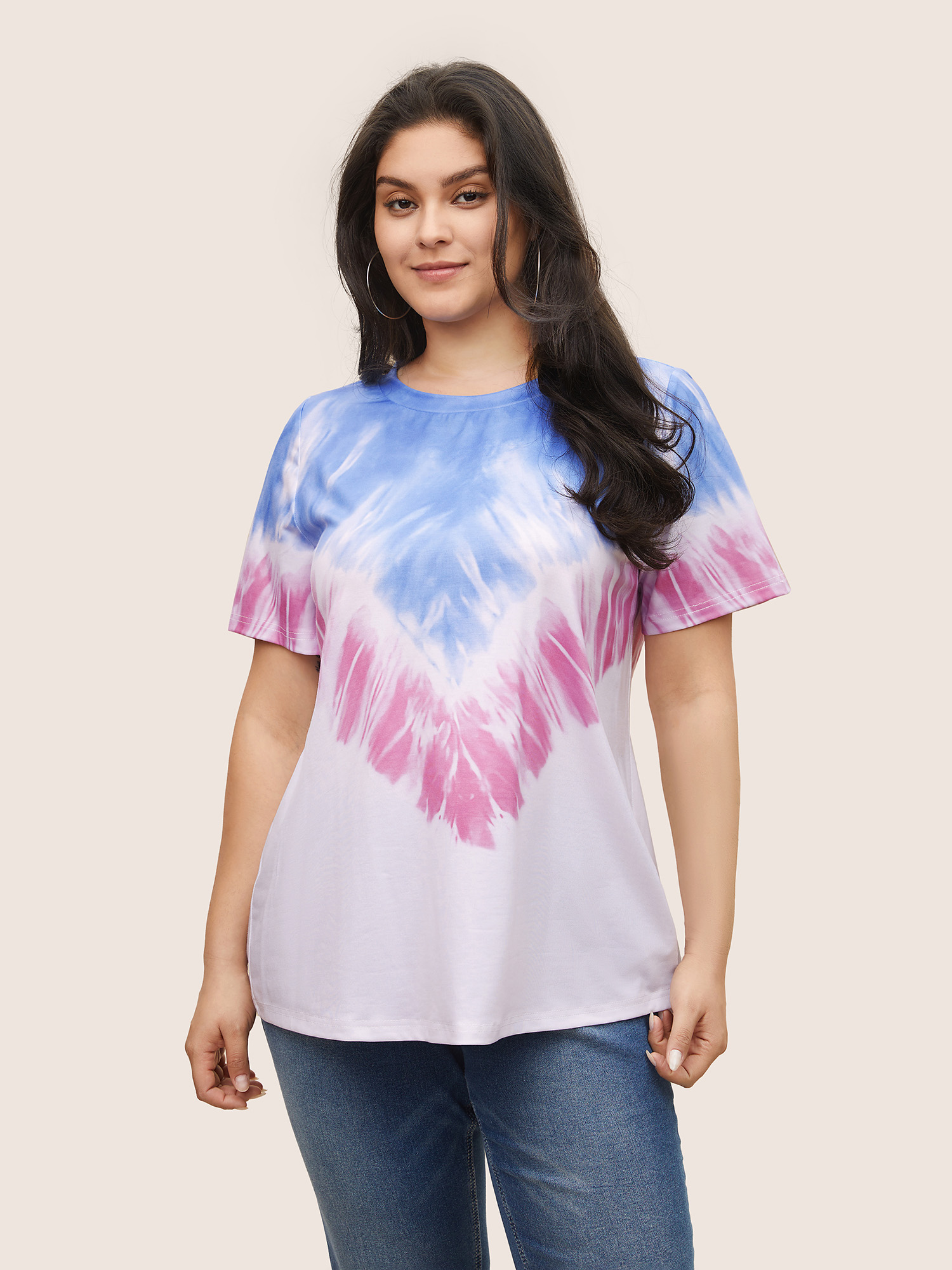 

Plus Size Tie Dye Contrast Round Neck T-shirt Multicolor Women Casual Non Tie Dye Round Neck Everyday T-shirts BloomChic