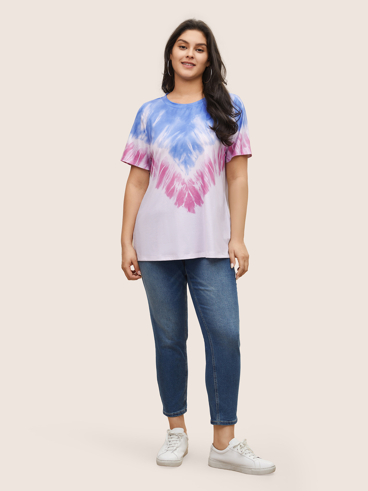 Plus Size Tie Dye Contrast Round Neck T-shirt Multicolor Women Casual Non Tie Dye Round Neck Everyday T-shirts BloomChic 12/L 