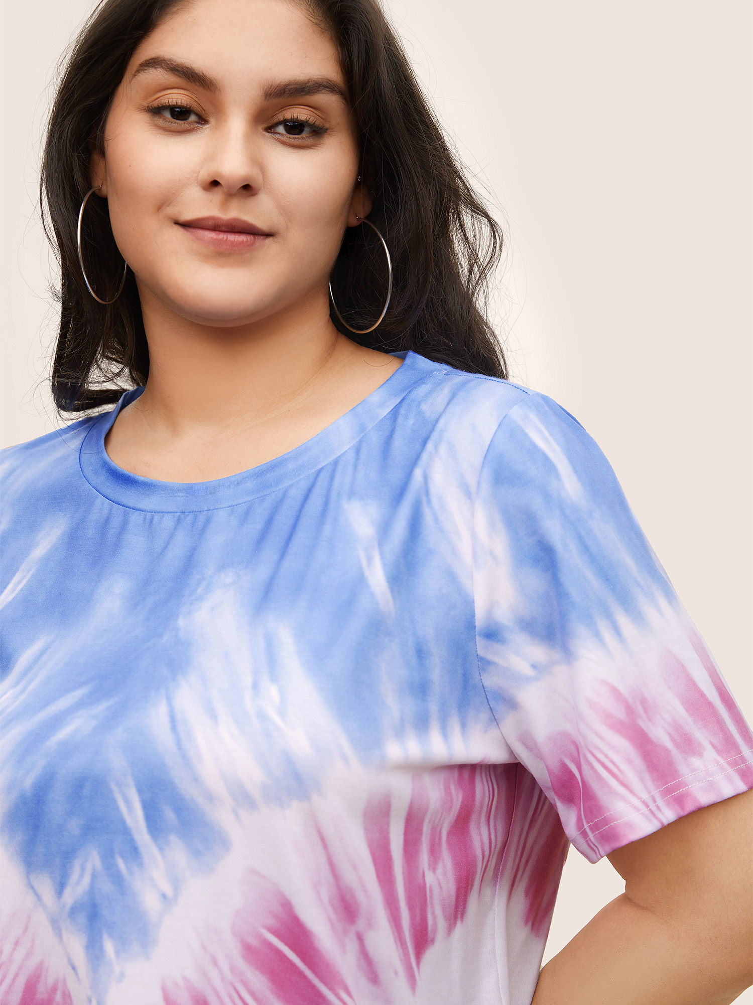 Plus Size Tie Dye Contrast Round Neck T-shirt Multicolor Women Casual Non Tie Dye Round Neck Everyday T-shirts BloomChic 12/L 