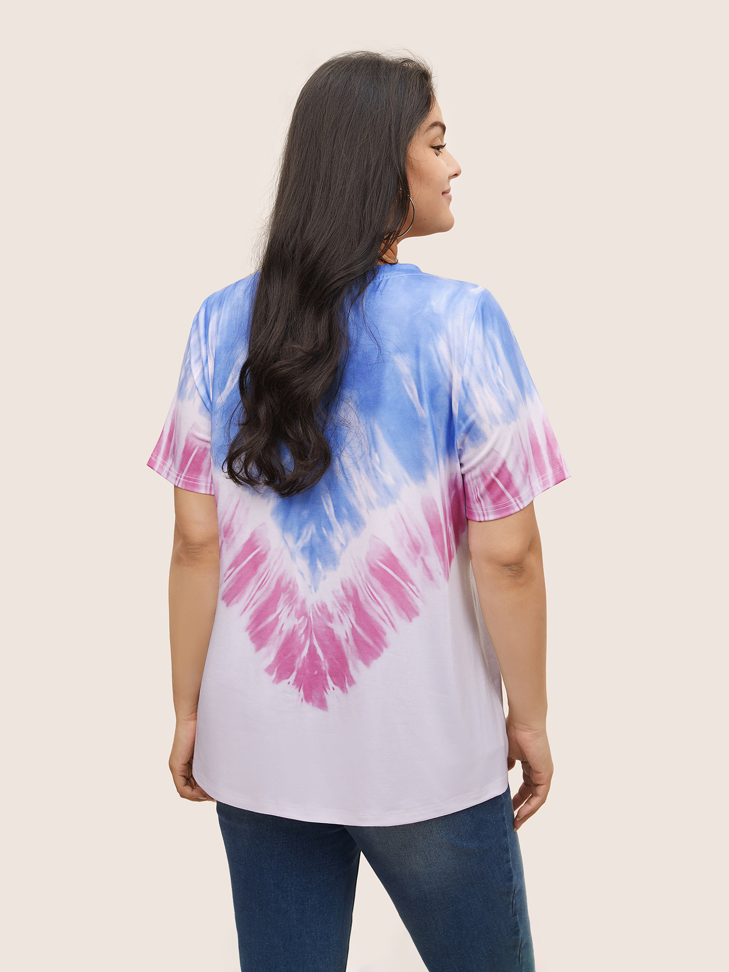 Plus Size Tie Dye Contrast Round Neck T-shirt Multicolor Women Casual Non Tie Dye Round Neck Everyday T-shirts BloomChic 12/L 