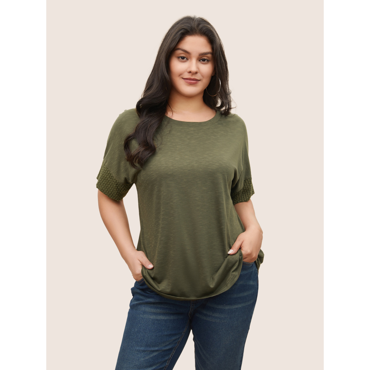 

Plus Size Solid Lace Insert Batwing Sleeve T-shirt ArmyGreen Women Casual Texture Plain Round Neck Everyday T-shirts BloomChic