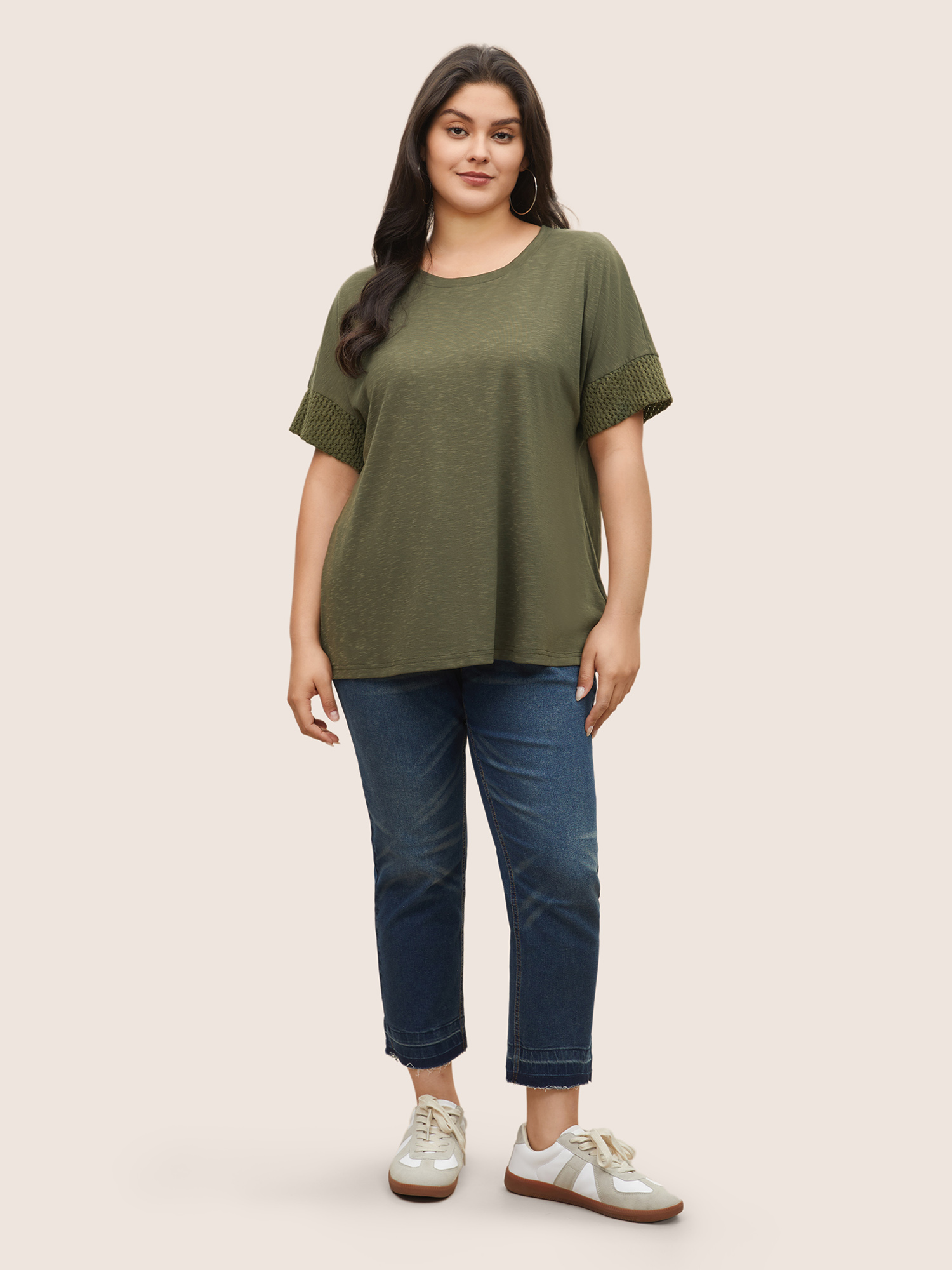 Plus Size Solid Lace Insert Batwing Sleeve T-shirt ArmyGreen Women Casual Texture Plain Round Neck Everyday T-shirts BloomChic 14-16/1X 