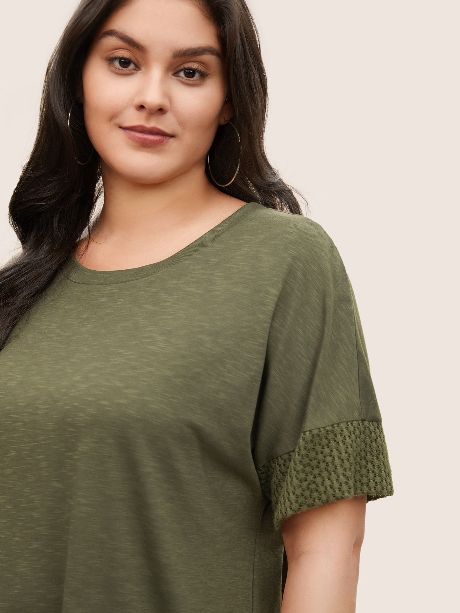Plus Size Solid Lace Insert Batwing Sleeve T-shirt ArmyGreen Women Casual Texture Plain Round Neck Everyday T-shirts BloomChic 14-16/1X 