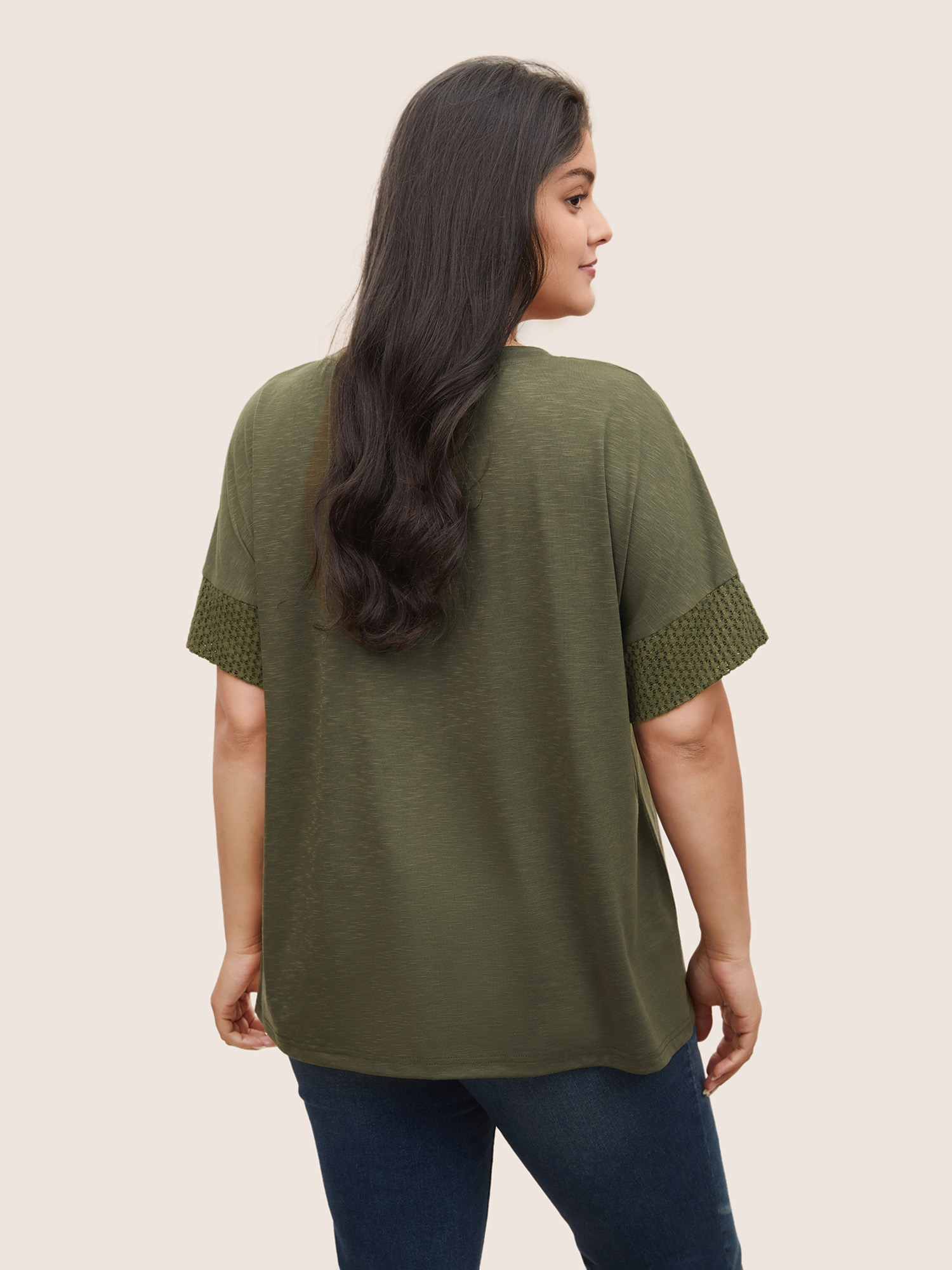 Plus Size Solid Lace Insert Batwing Sleeve T-shirt ArmyGreen Women Casual Texture Plain Round Neck Everyday T-shirts BloomChic 14-16/1X 