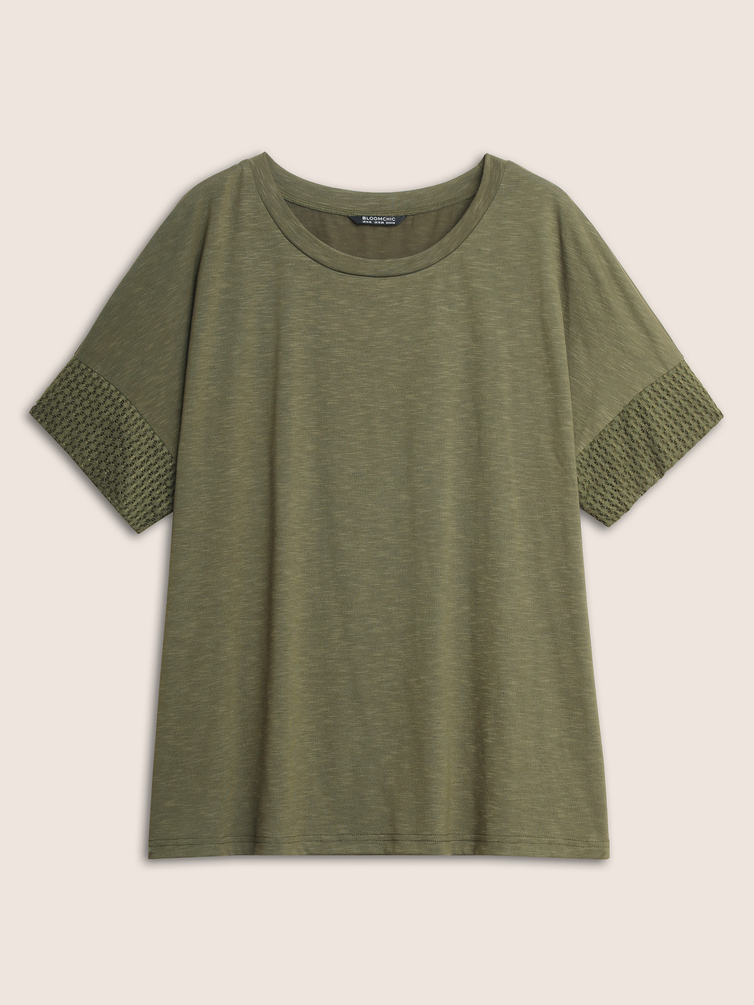 Plus Size Solid Lace Insert Batwing Sleeve T-shirt ArmyGreen Women Casual Texture Plain Round Neck Everyday T-shirts BloomChic 14-16/1X 
