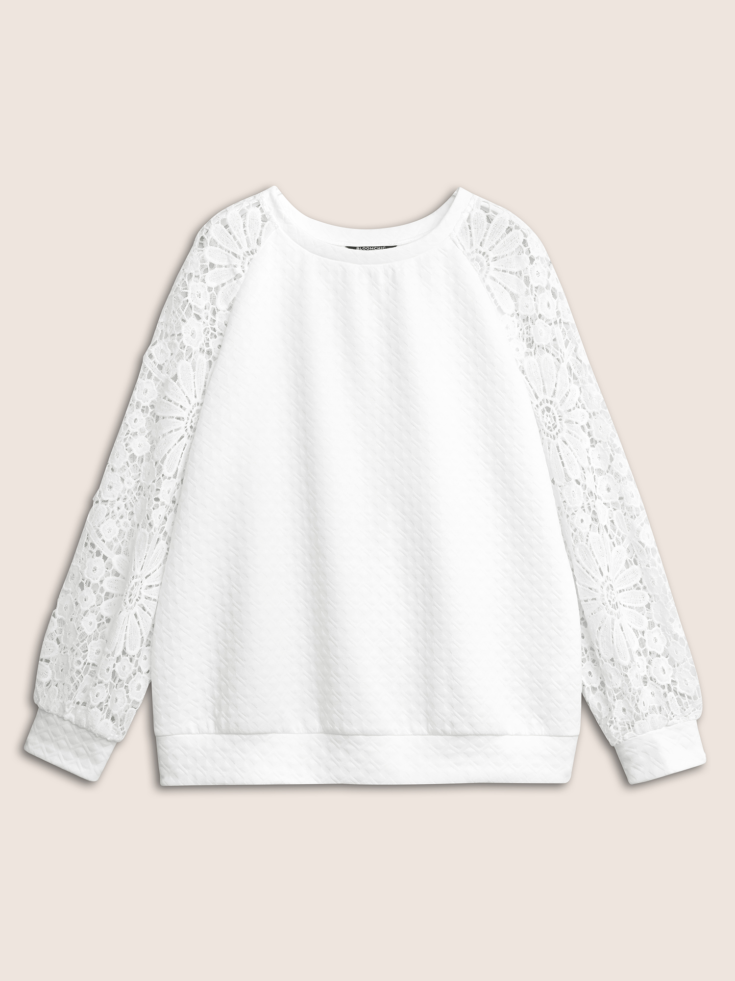 

Plus Size Eyelet Lace Raglan Sleeve Plisse Sweatshirt Women White Elegant Non Round Neck Everyday Sweatshirts BloomChic