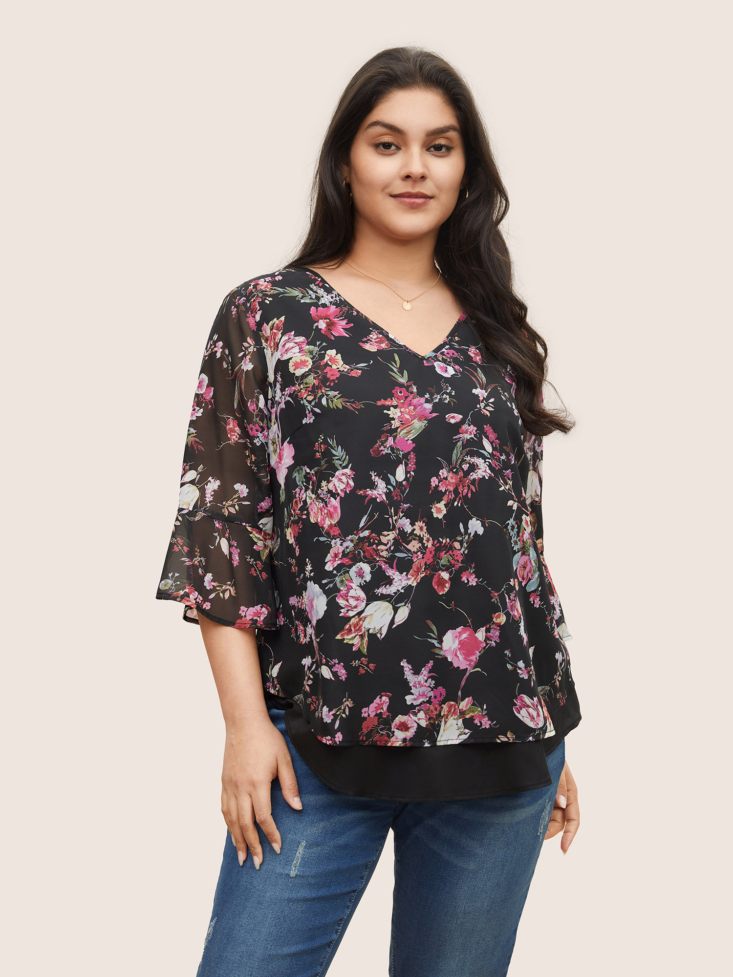 

Plus Size BlackFlower Chiffon Floral Print Mesh Patchwork Blouse Women Elegant Elbow-length sleeve V-neck Everyday Blouses BloomChic